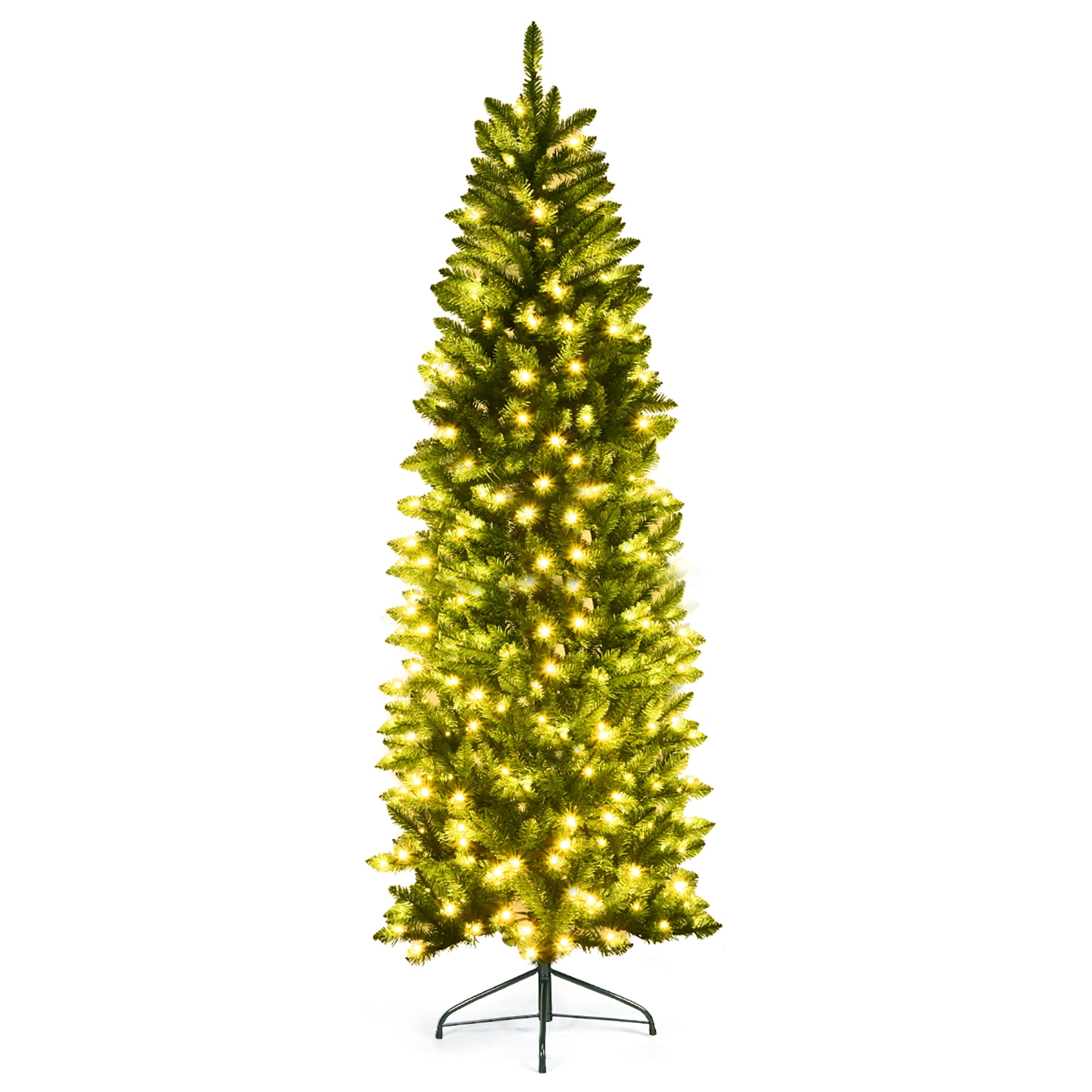 Costway 7Ft Pre-lit Artificial Pencil Christmas Tree Hinged Fir PVC Tree with 350 LED Lights