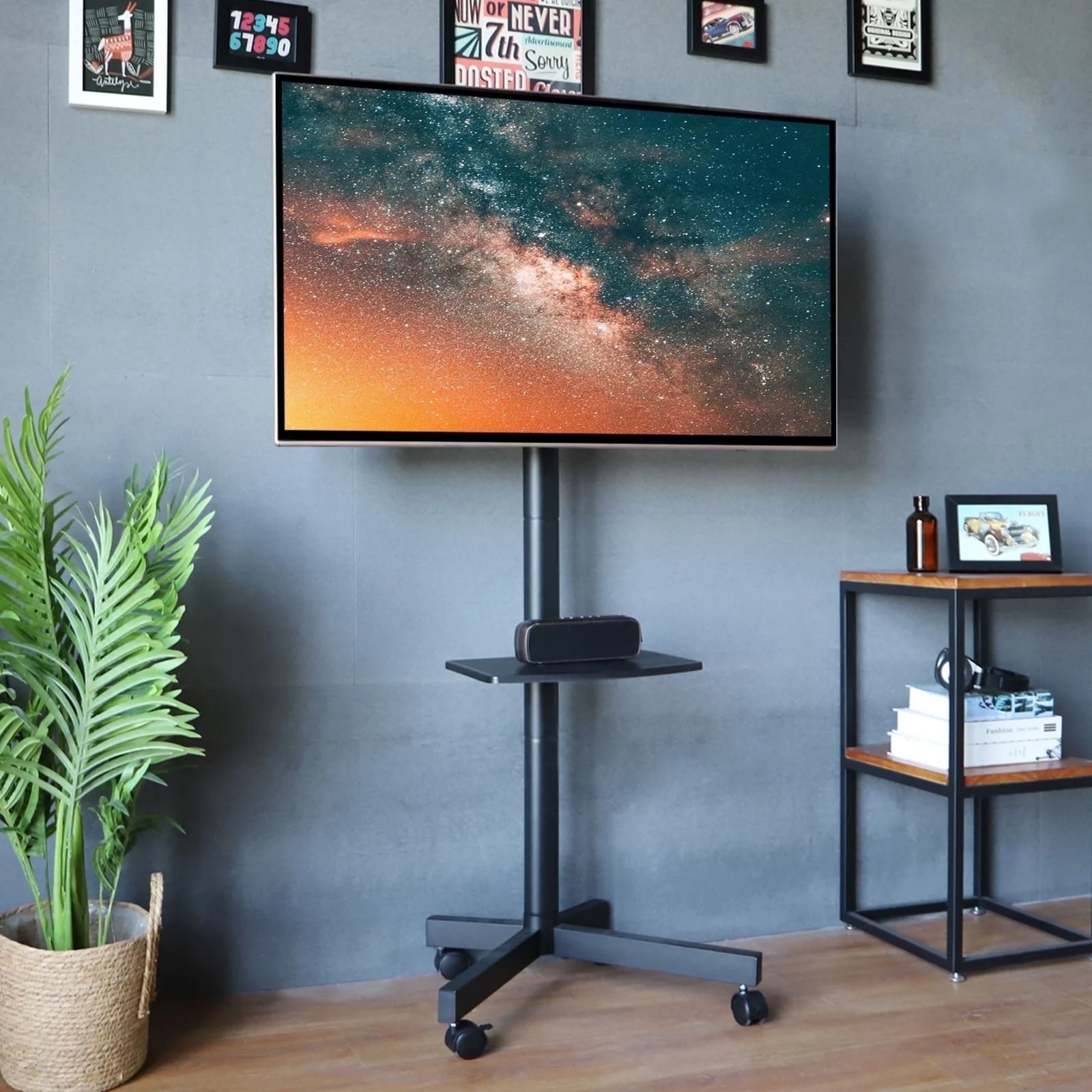 RTVR Modern Rolling TV Stand on Wheels with Shelf for 23 to 55 60 inch Flat Screens, Mobile TV Cart Stand, Black