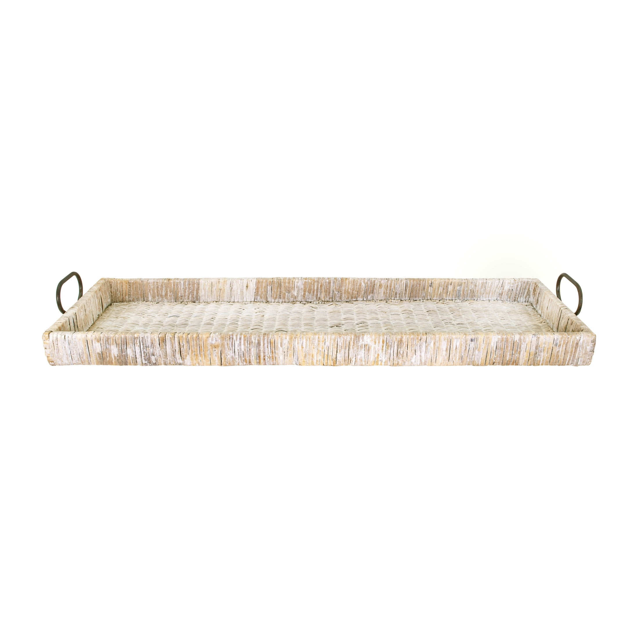 Creative Co-Op Oversize Decorative Rattan Tray with Metal Handles, Whitewash Finish