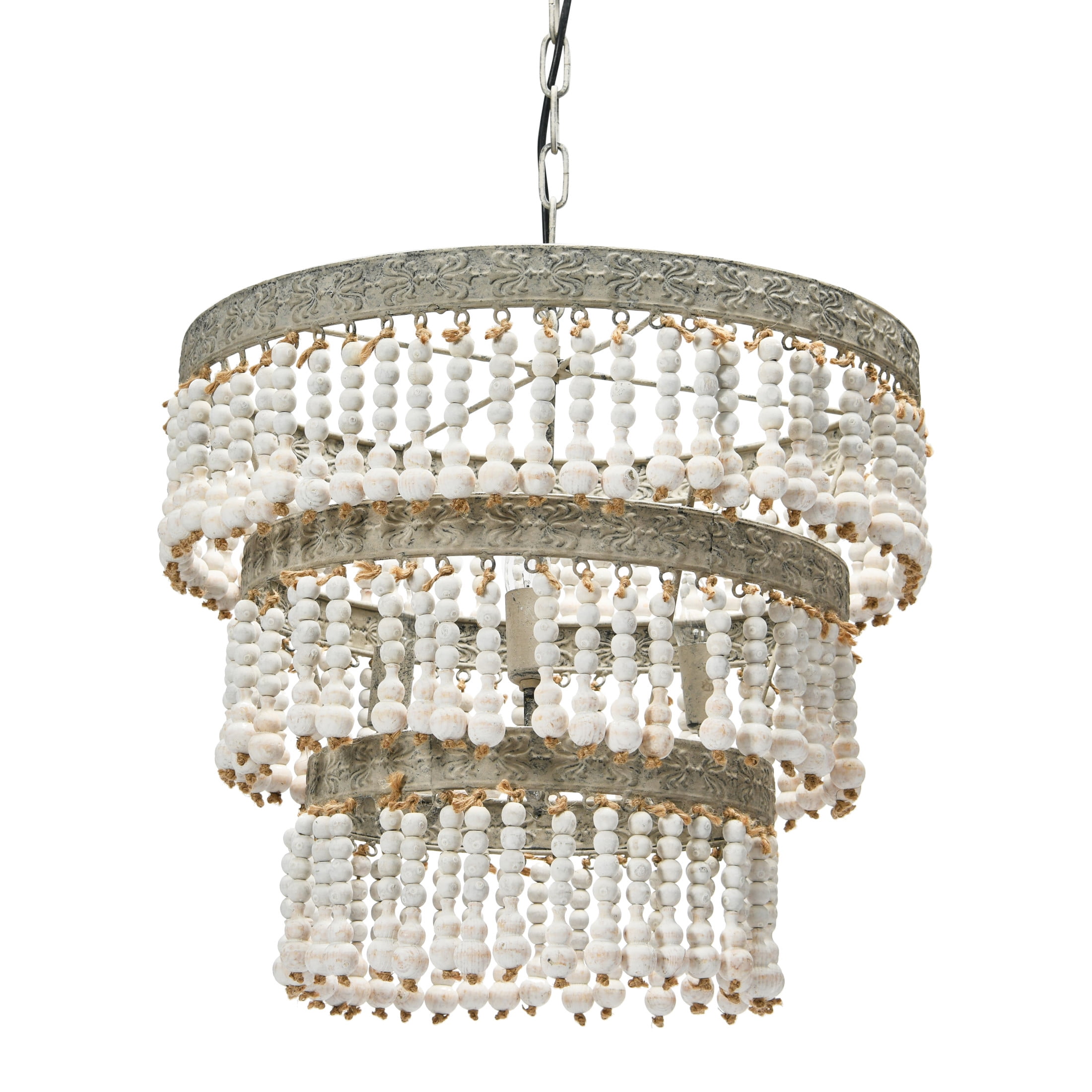 Creative Co-Op 3-Tier Wood Bead Chandelier, Antique White