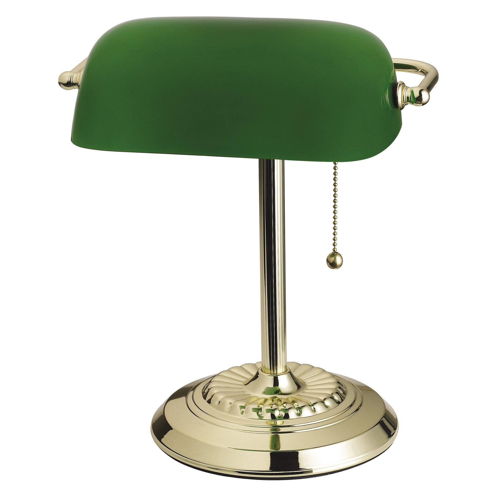 Catalina Lighting 13.5'' Banker's Lamp, Traditional Green Desk Lamp with Pull Chain Switch for Home or Office, Polished Brass