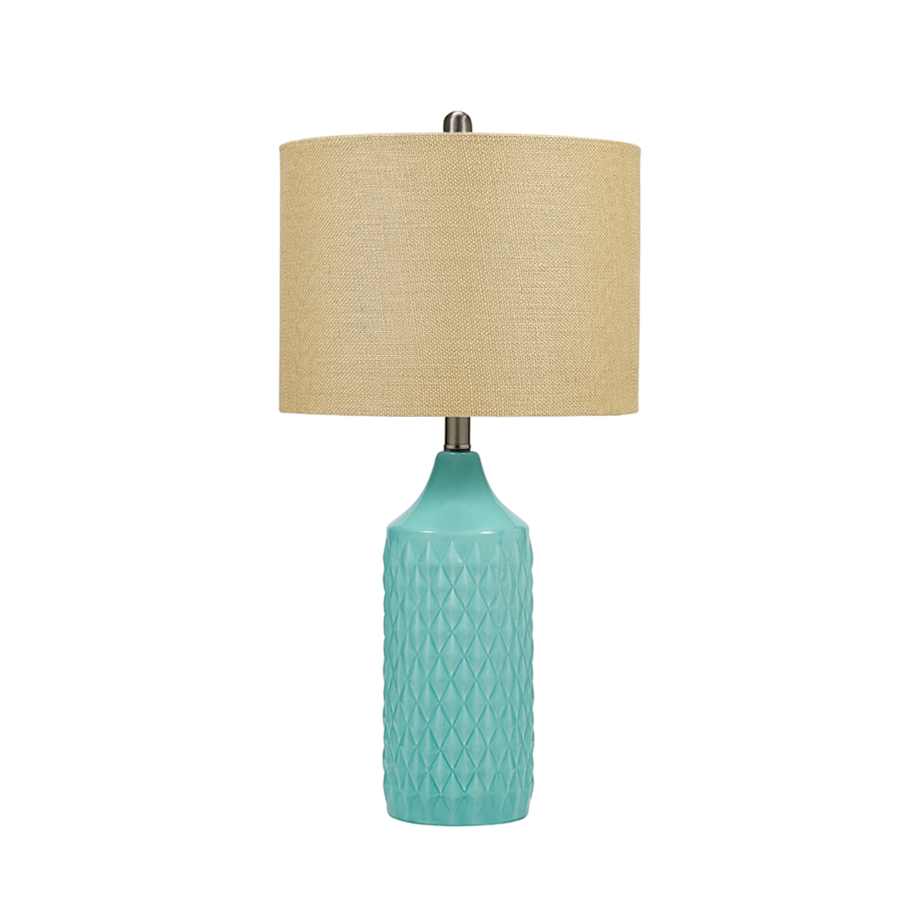 Cresswell Lighting 26.5" Coastal Quilted Ceramic Table Lamp with Natural Linen Drum Shade, Aqua Blue Finish