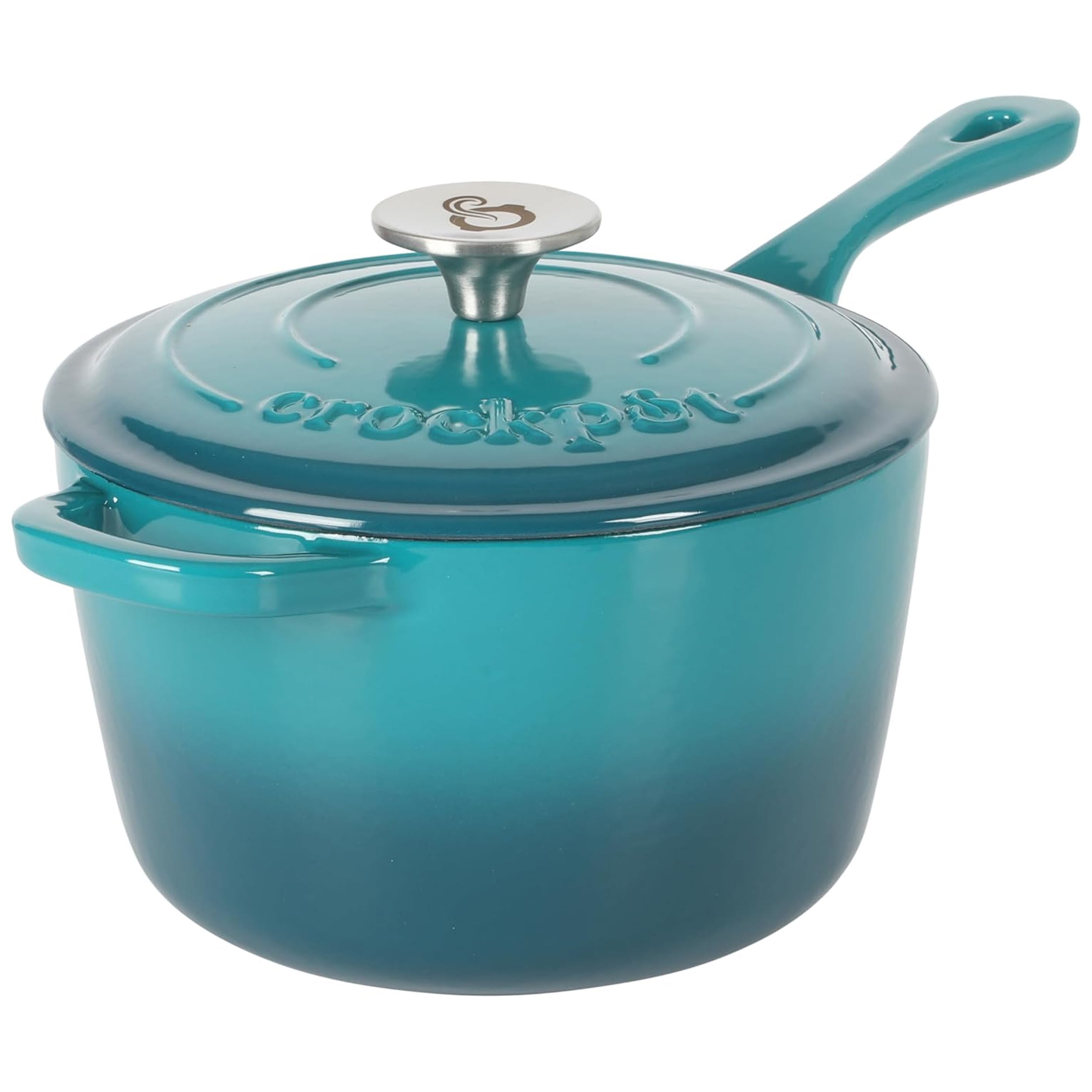 Crock-Pot Artisan 3 Quart Enameled Cast Iron Saucepan with Lid in Teal and Silver