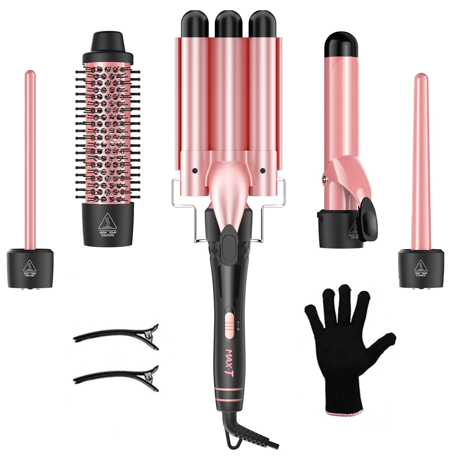 MAXT 5 in 1 Curling Wand Set, Adjustable Temperature Hair Curler Kit with Heated Round Brush, Hair Wand, Curling Iron Set Waver Crimper Hair Curler Hair Tool Gift for Women