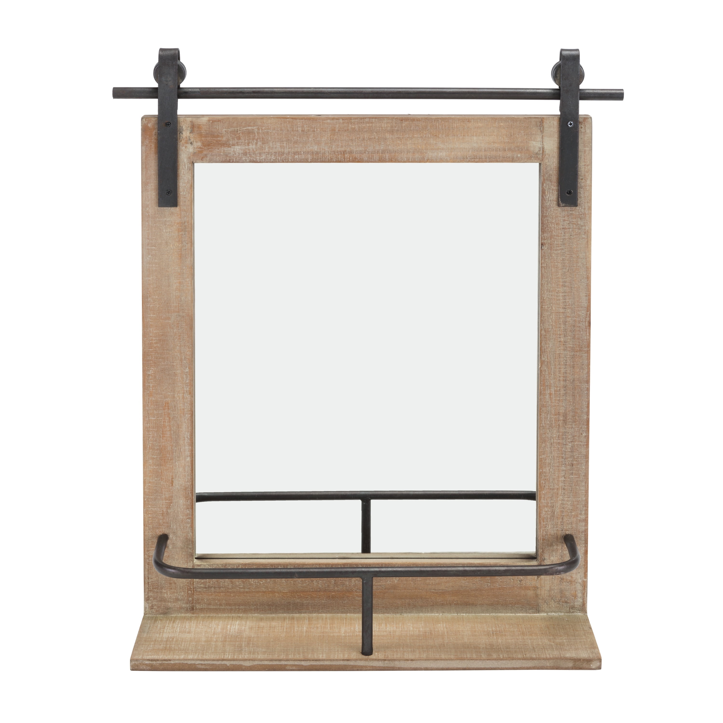 Danya B. Rustic Industrial Wood-Framed Wall Mount Barn Door Vanity Mirror with Shelf and Iron Hardware
