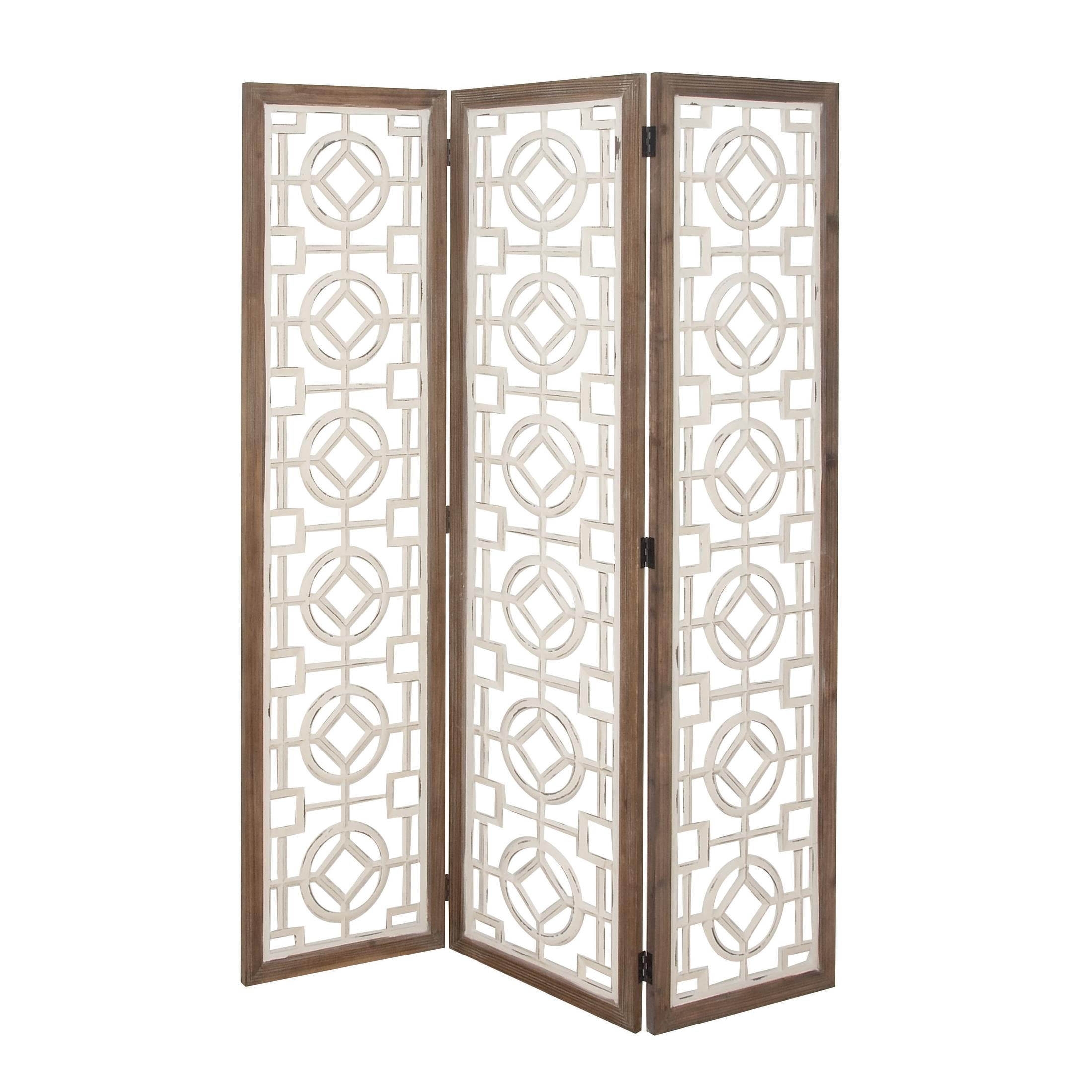 DecMode White/Pastel Brown Farmhouse Wood Room Divider Screen with Geometric Carvings, 54"W x 72"H