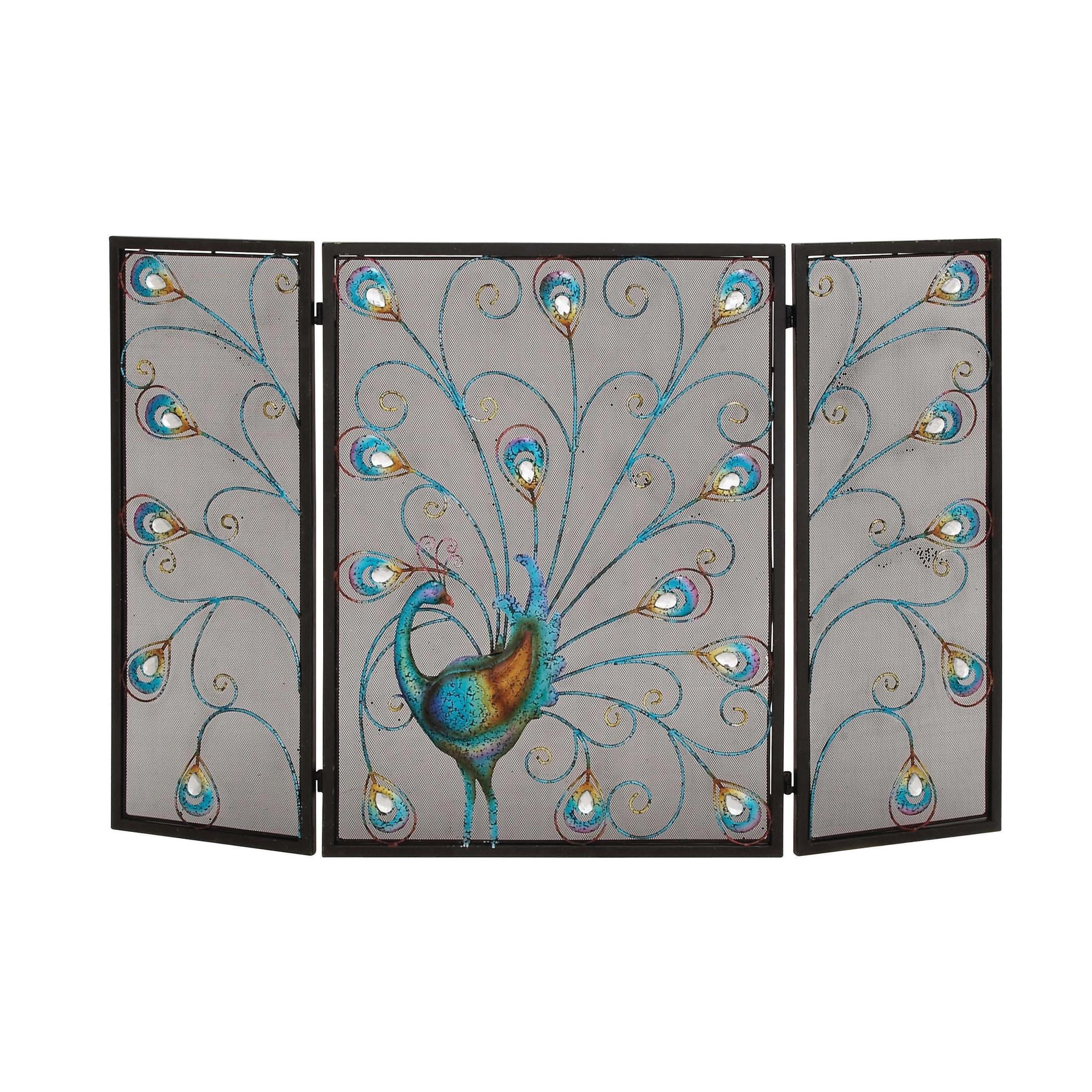 DecMode Black Eclectic Metal Fireplace Screen with Colorful Peacock Detail and Iron Frame, 48"W x 32"H