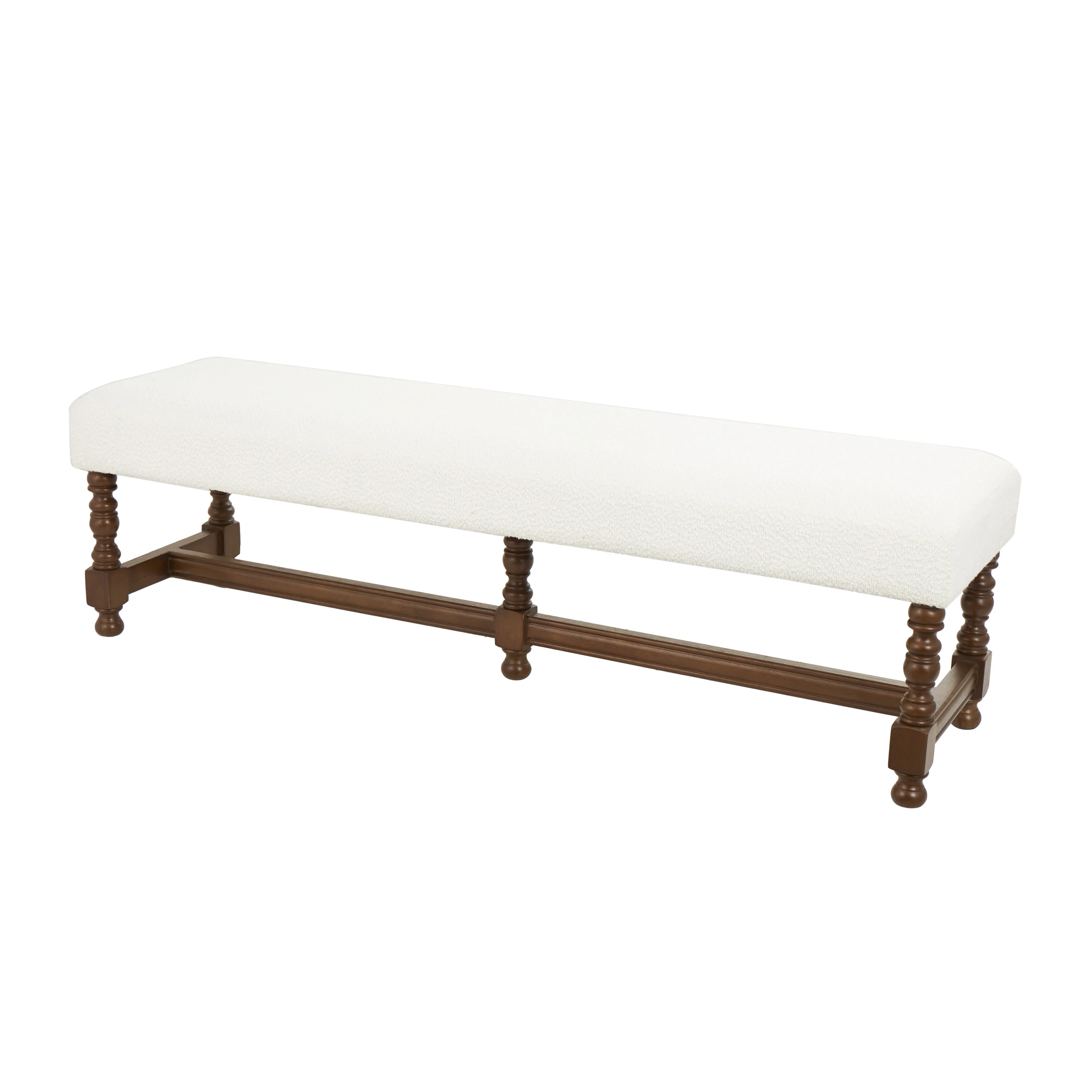 DecMode Fabric Bench with Brown Traditional Wood Turned Legs, Cream