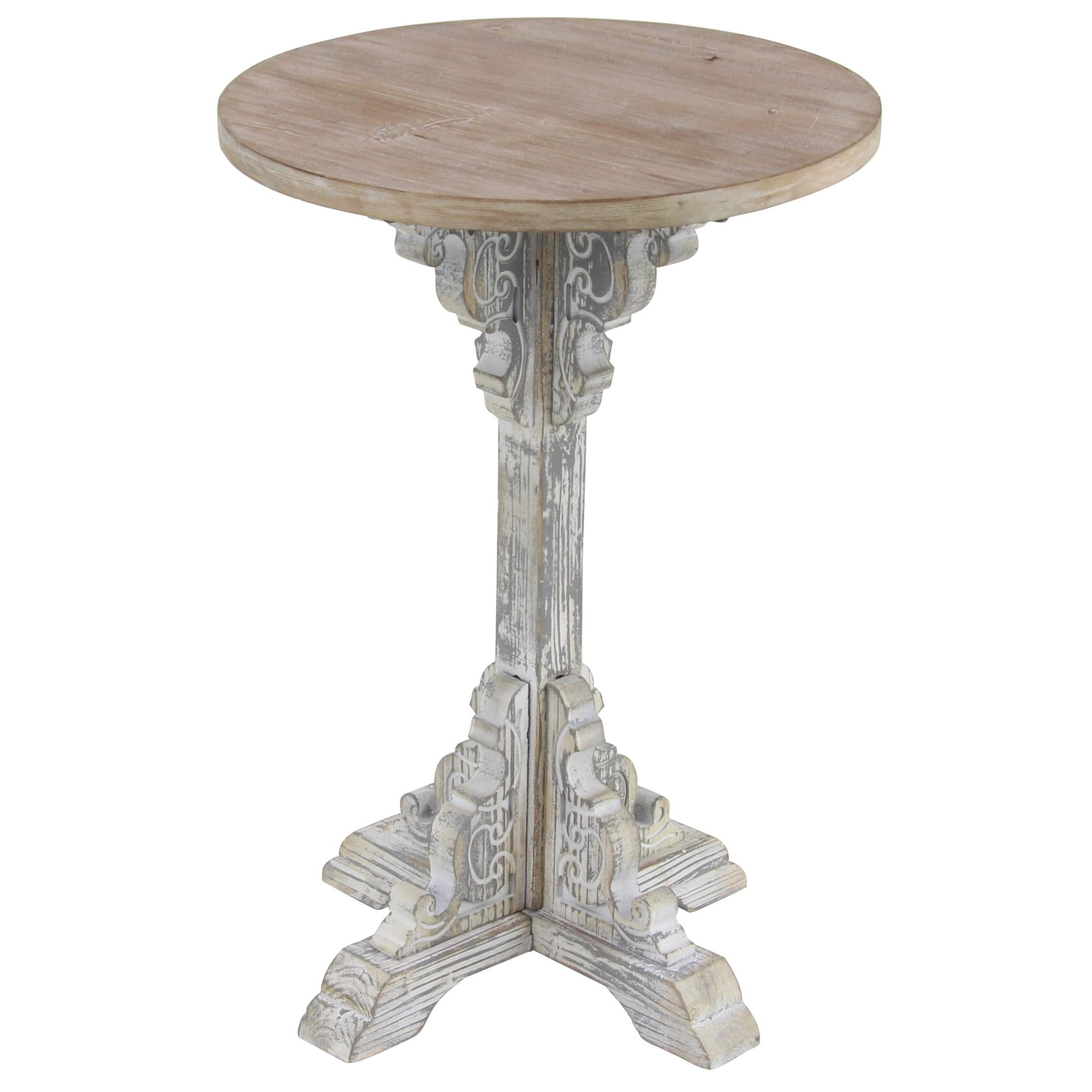 DecMode Farmhouse Wood Round Accent Table with Carved Floral Leg Stand and Brown/White Distressed Finish, 15"W x 23"H
