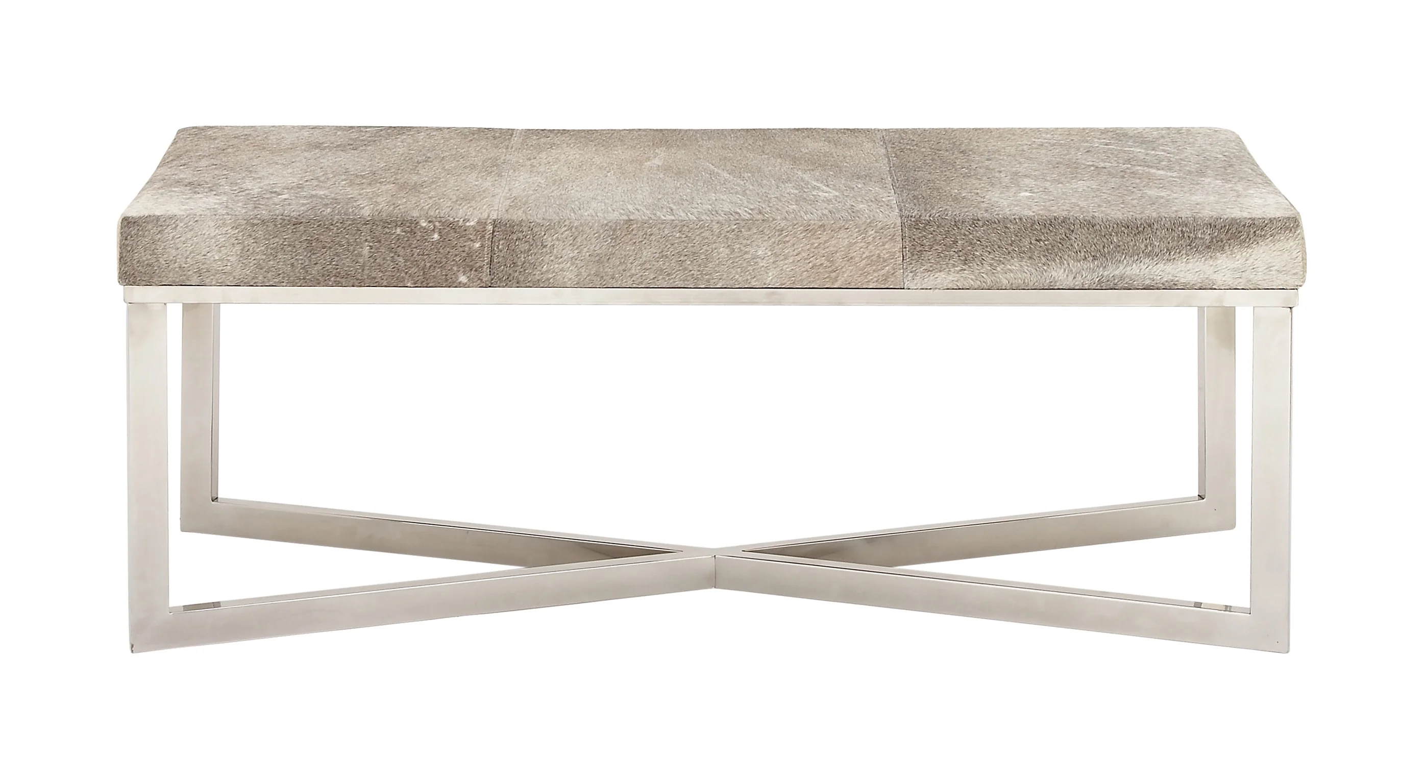 DecMode Leather Handmade Cowhide Bench with Silver Metal Base, Gray