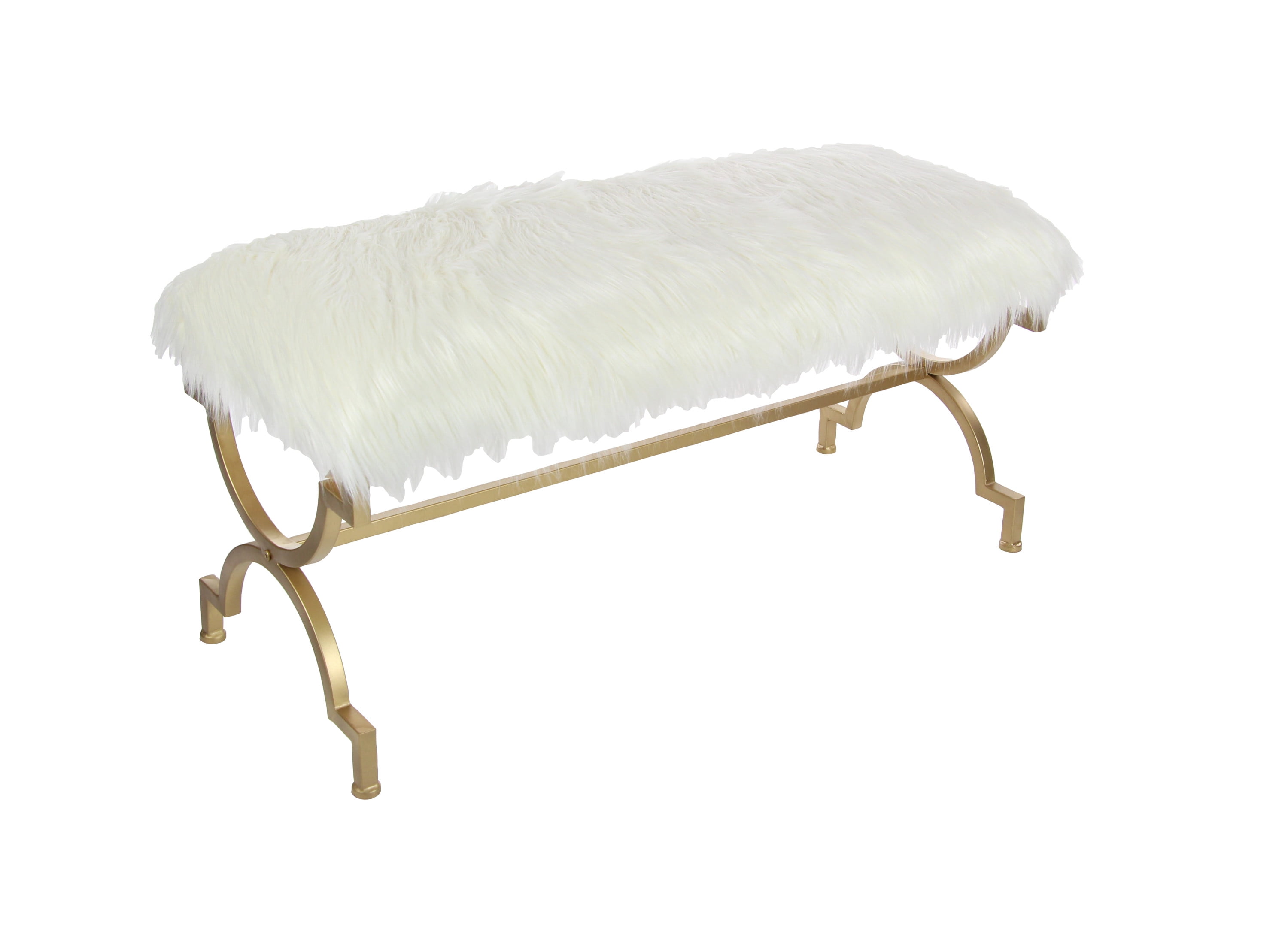 DecMode Metal Bench with White Faux Fur Top, Gold
