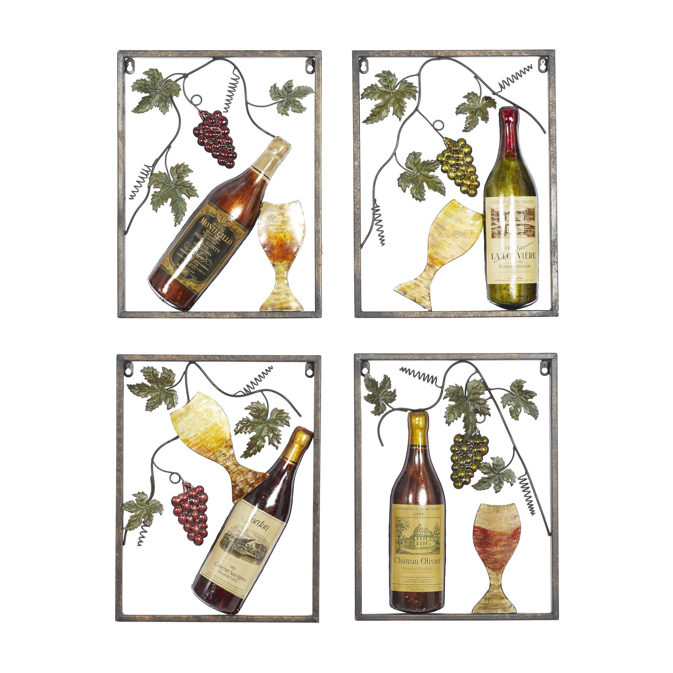 DecMode Multi Colored Metal Wine Wall Decor with Grapes Detailing (4 Count)