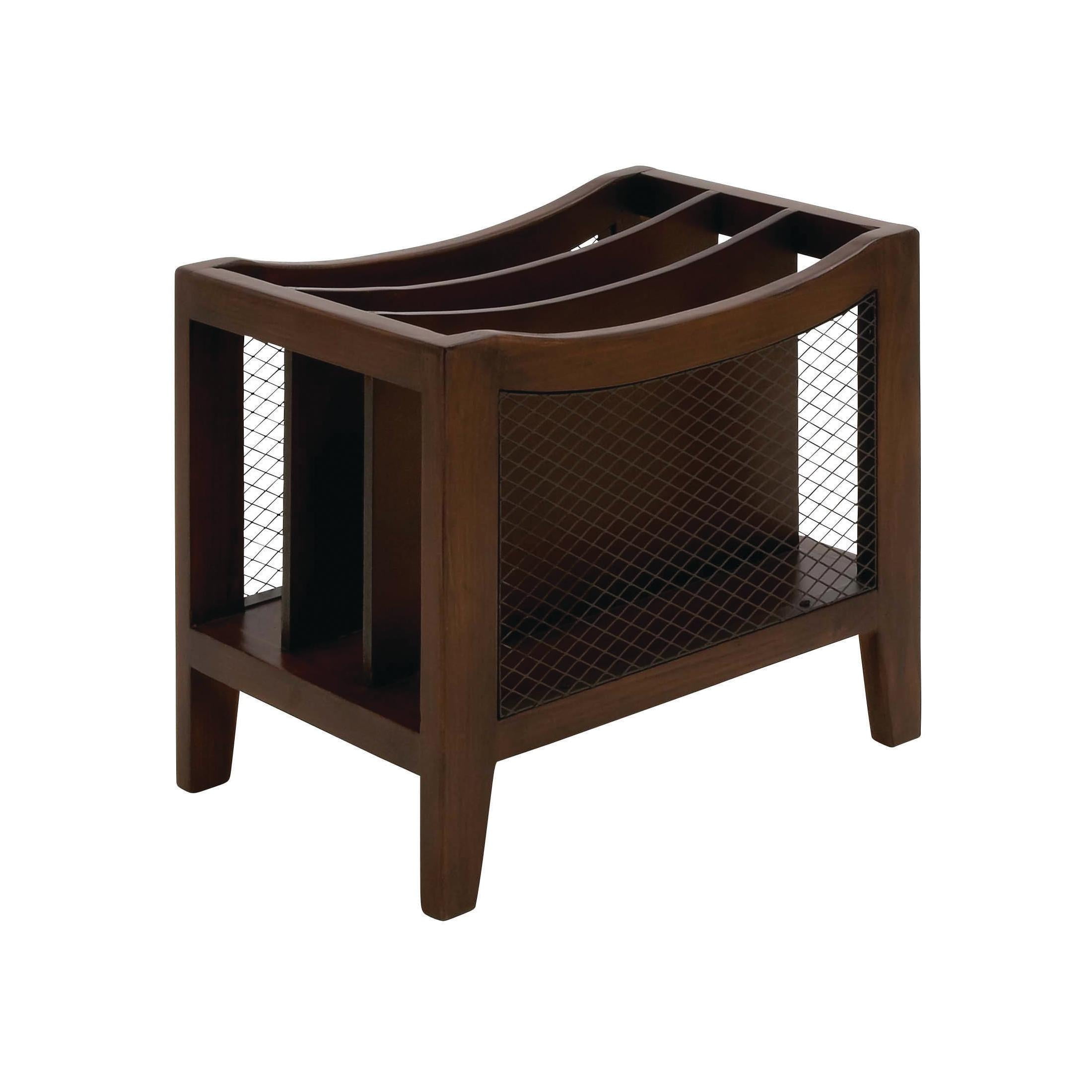 DecMode 13" Brown Wood 3 Slot Magazine Holder with Netting Side Panels