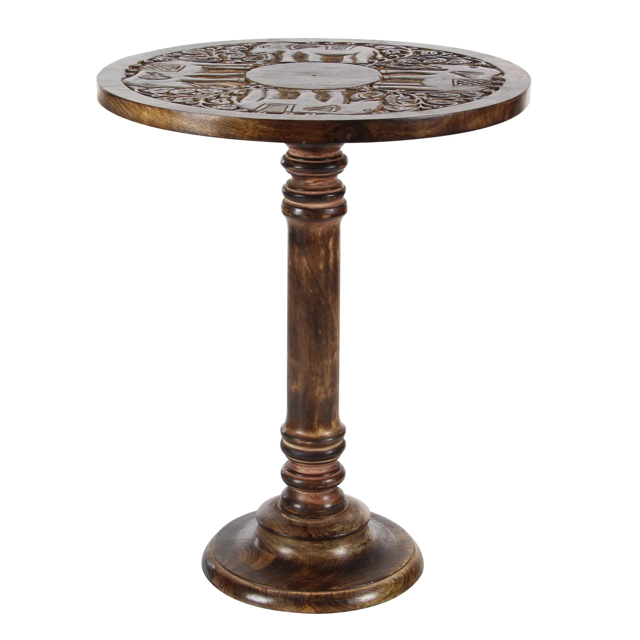 DecMode 17" x 21" Dark Brown Mango Wood Handmade Intricately Carved Elephant Accent Table with Turned Base, 1-Piece