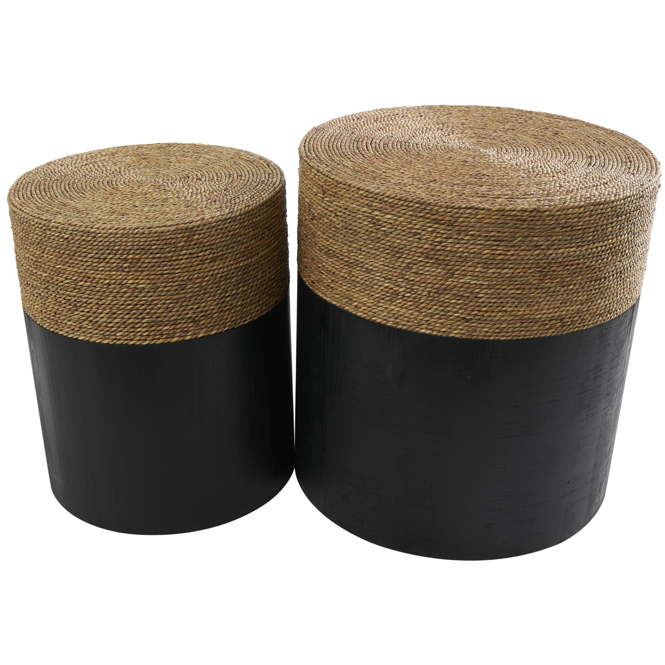 DecMode 19" x 20" Black Wood Handmade Accent Table with Brown Wrapped Seagrass Tabletops, 2-Pieces
