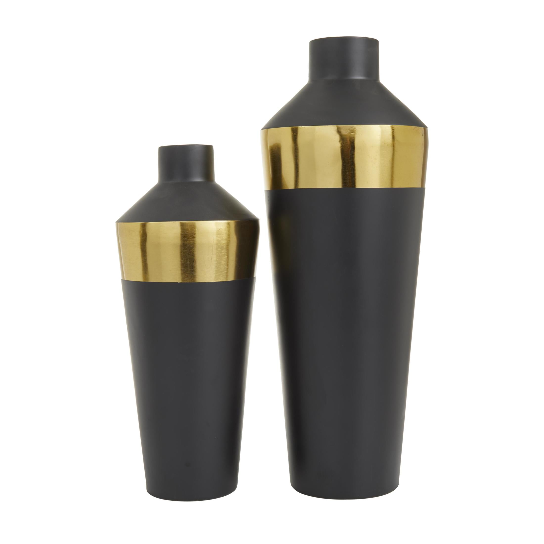 DecMode 20", 16"H Black Metal Vase with Gold Band, Set of 2