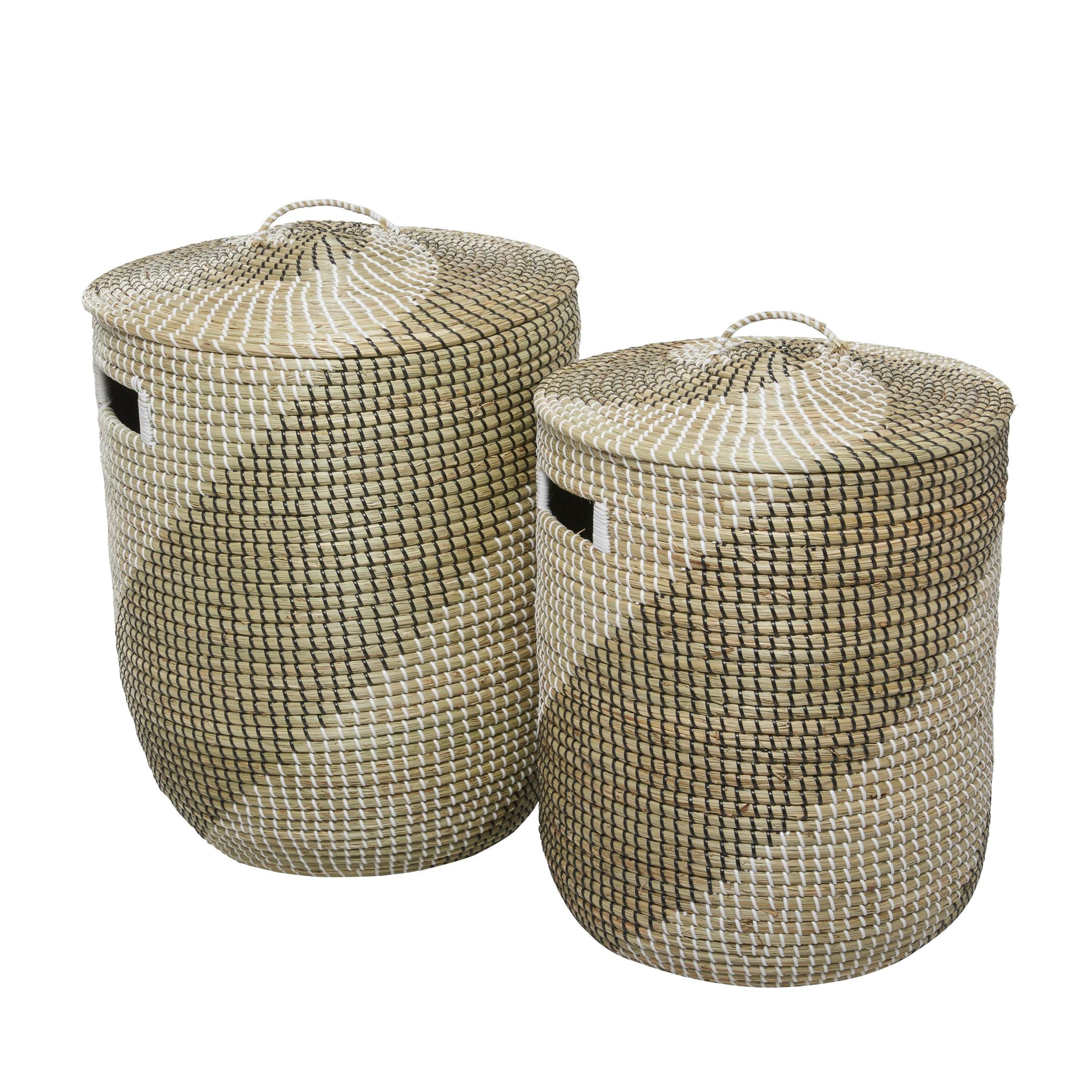DecMode 24", 22"H Brown Seagrass Handmade Two Toned Storage Basket with Matching Lids, 2-Pieces