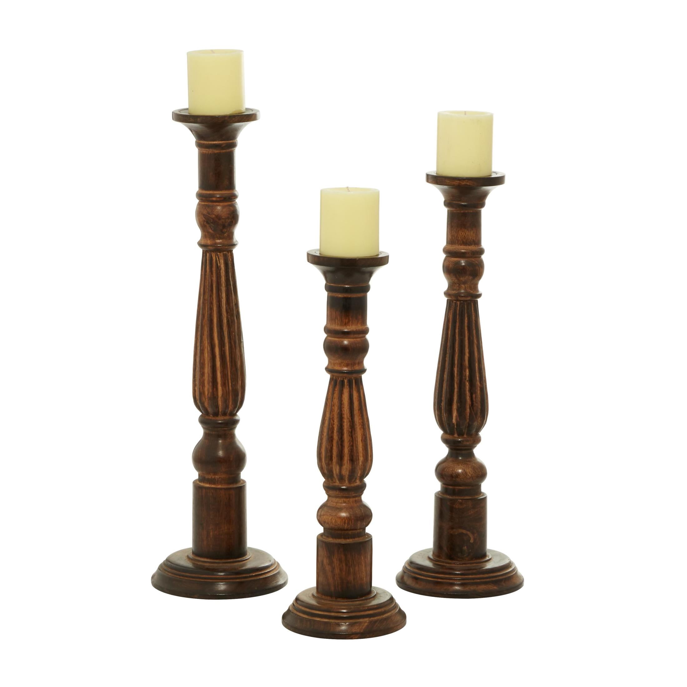 DecMode 3 Candle Brown Mango Wood Tall Turned Candle Holder, Set of 3