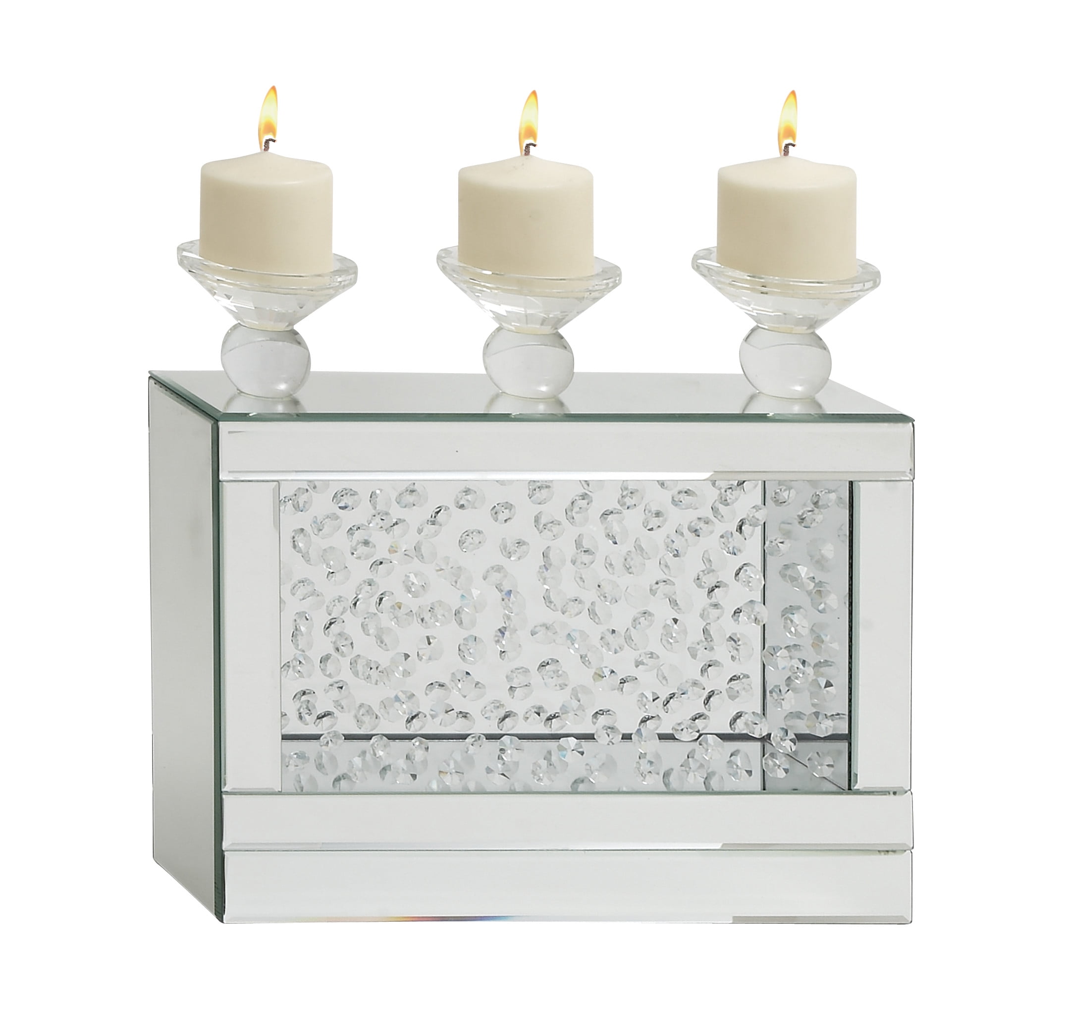 DecMode 3 Holder Silver Wood Pillar Candelabra with Mirrored Accents and Crystals