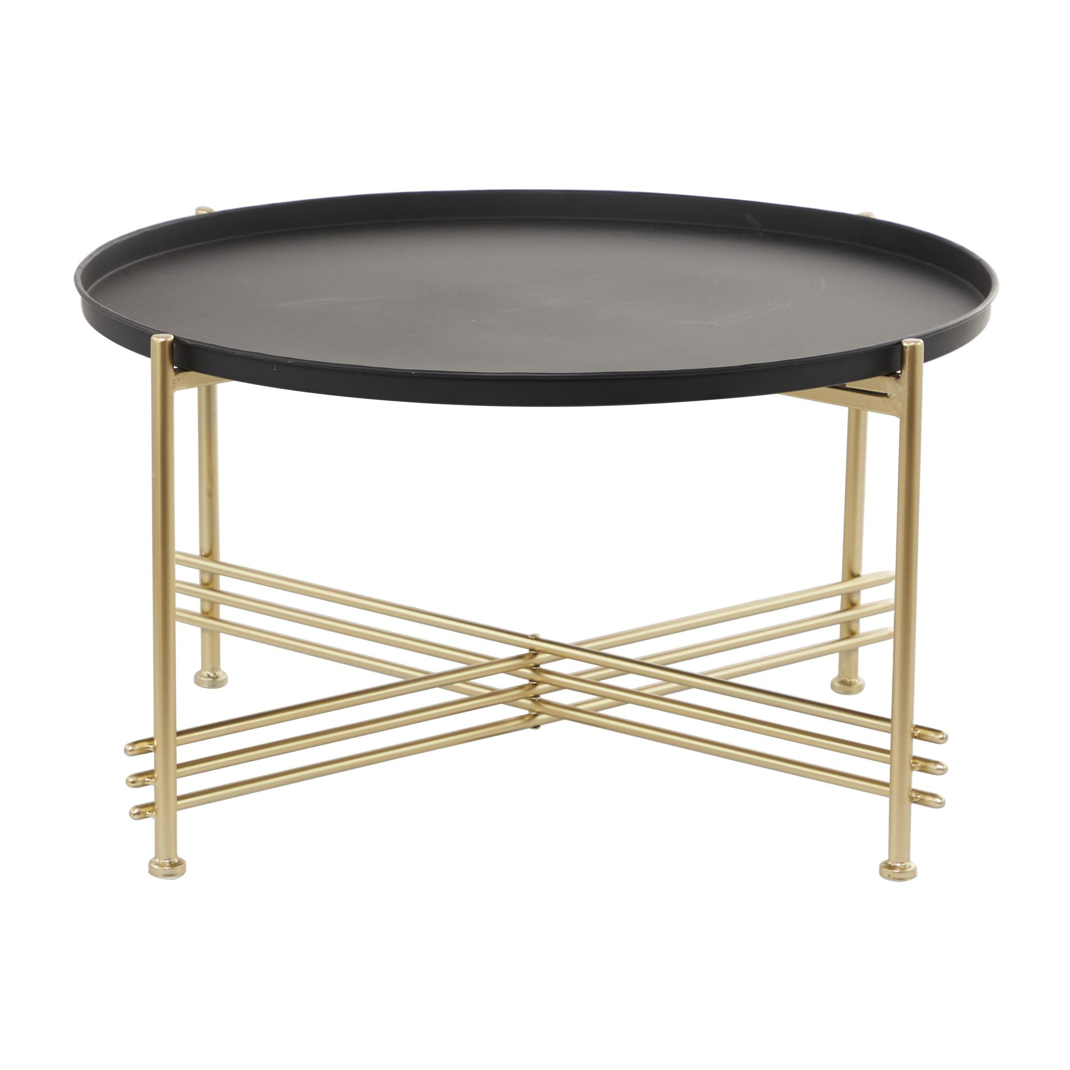 DecMode 33" x 19" Black Metal Tray Top Coffee Table with Gold X-Shaped Base, 1-Piece