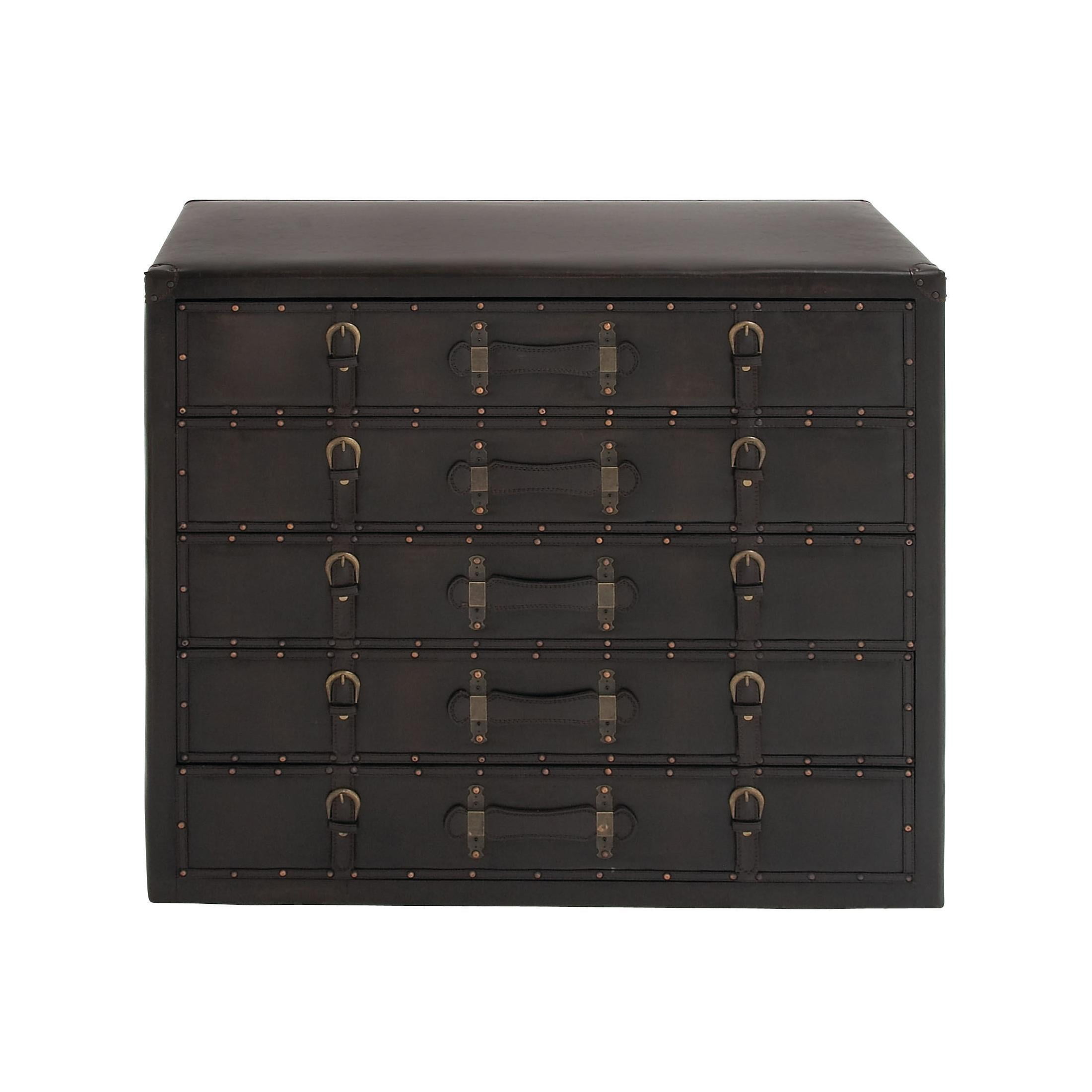 DecMode 36" x 32" Black Faux Leather Vintage Trunk Chest with Gold Studs and Buckle Detailing, 1-Piece