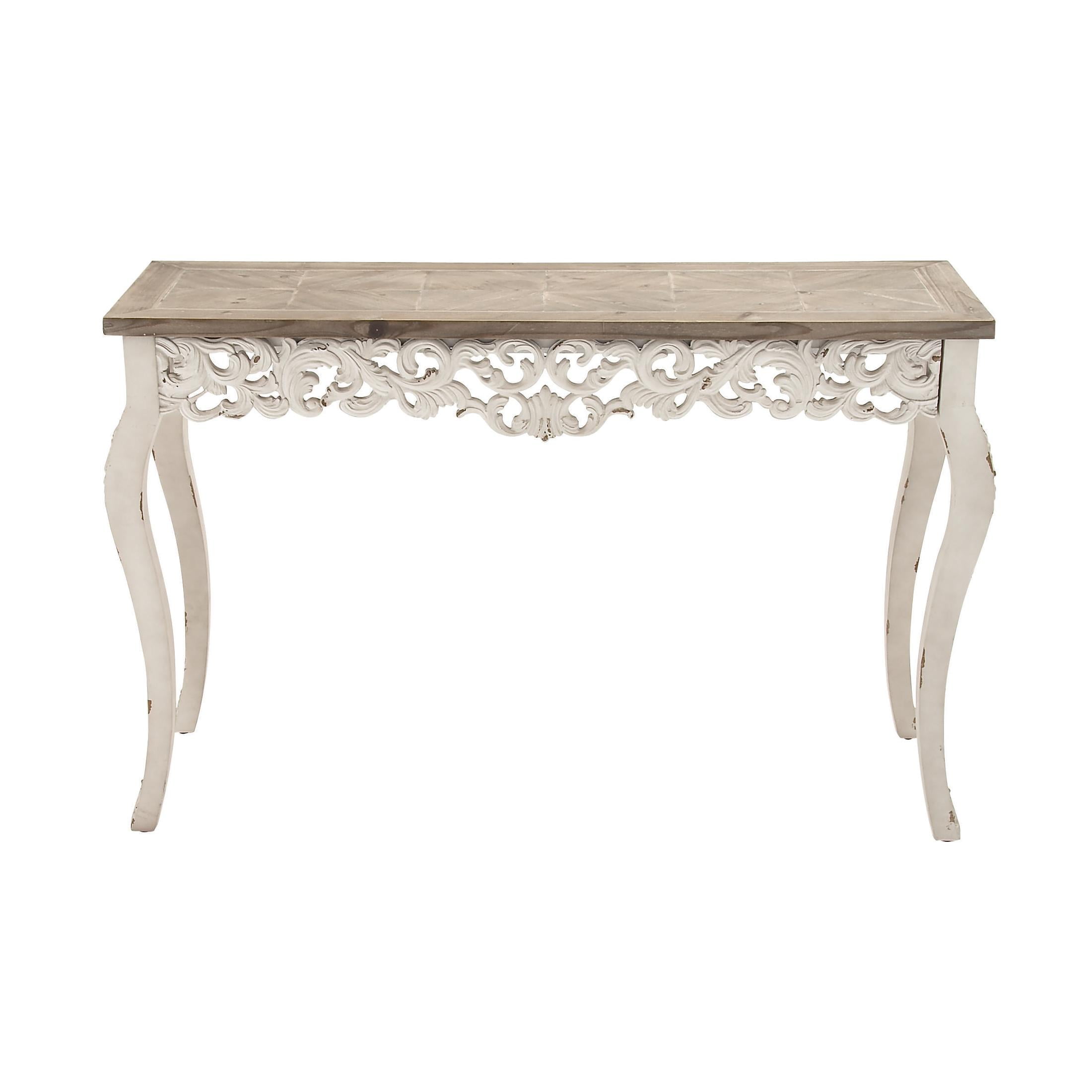 DecMode 46" x 30" White Wood Intricately Carved Scroll Console Table with Brown Wood Top, 1-Piece