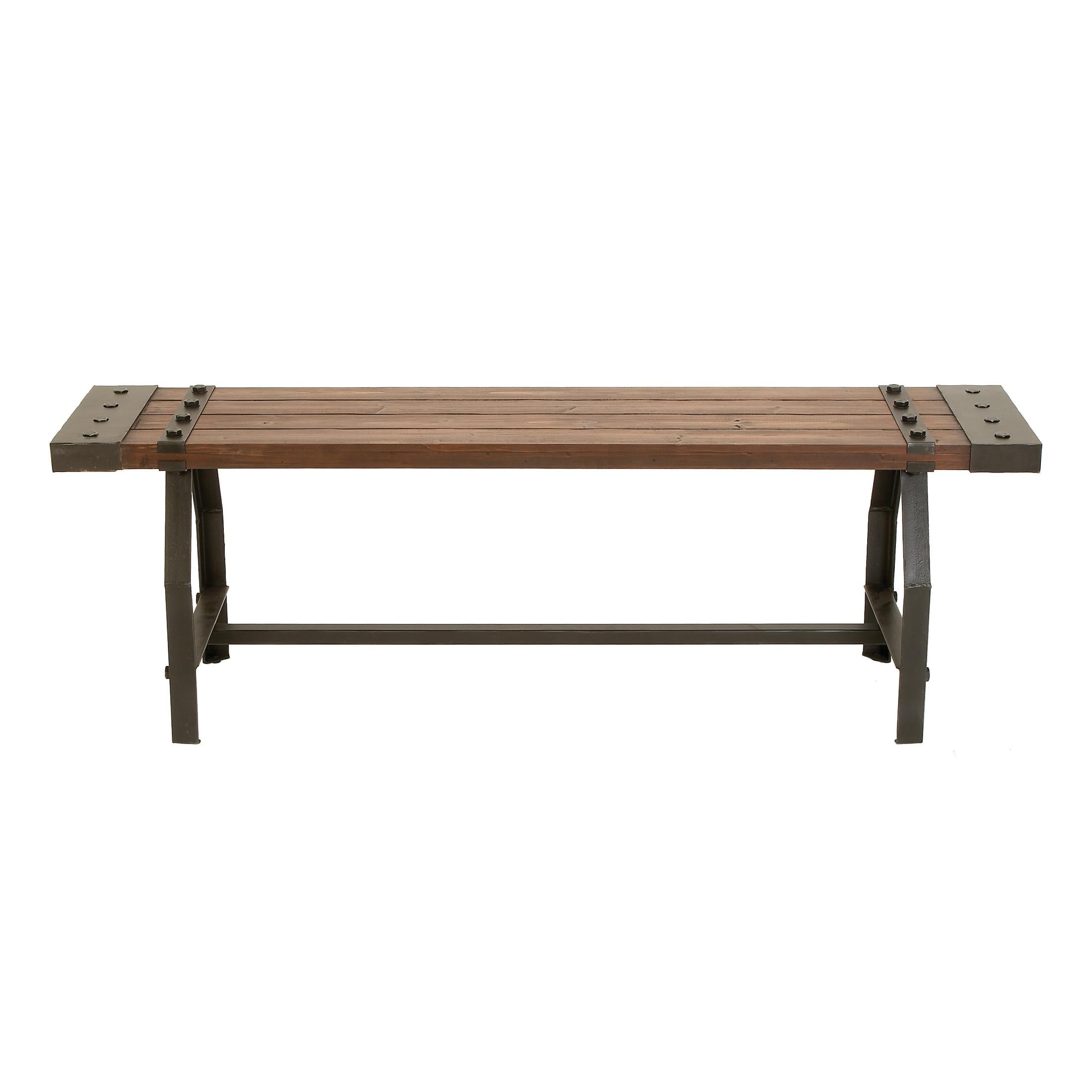 DecMode Wood Slatted Bench with Black Metal Base and Studs, Brown