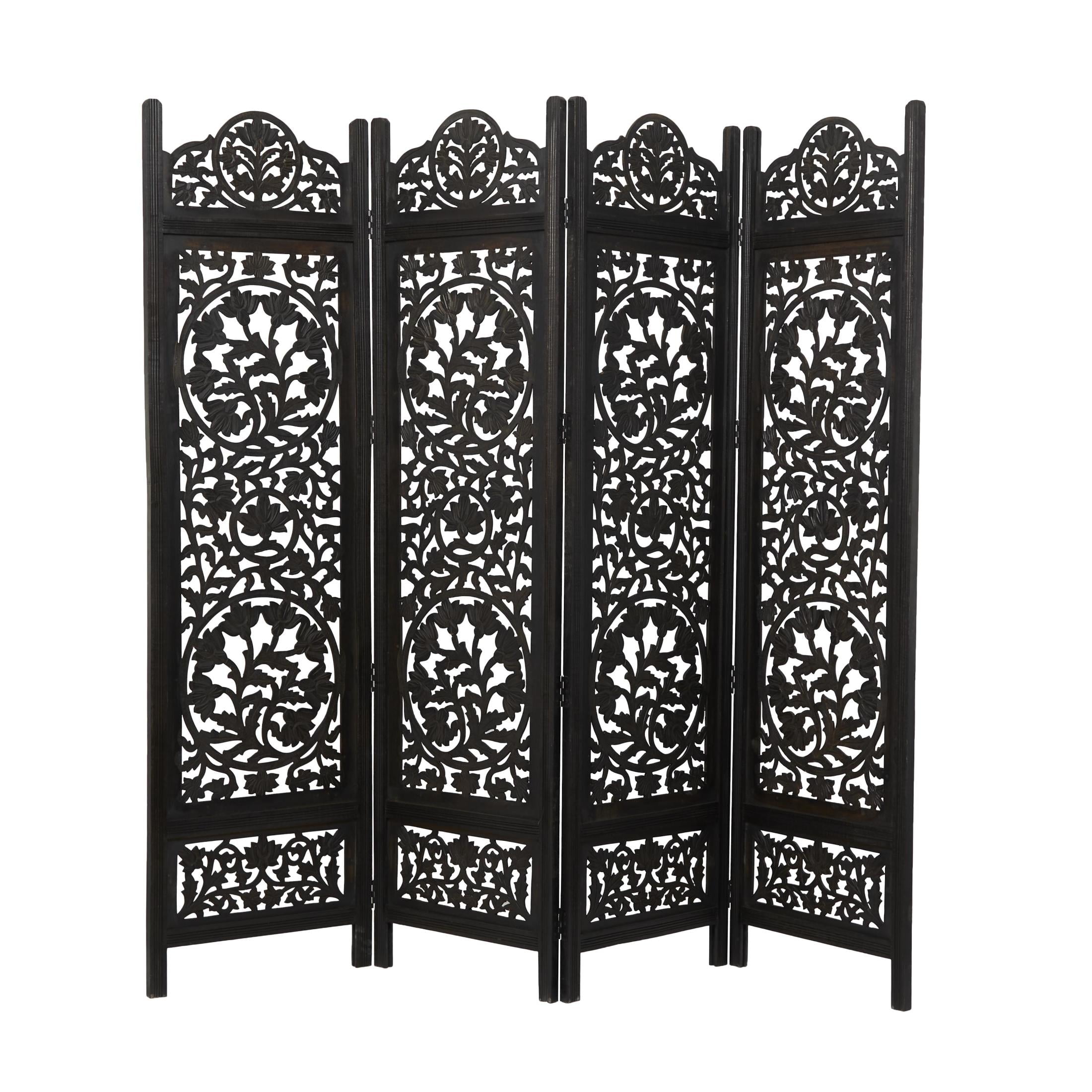 DecMode 80" x 72" Black Wood Floral Handmade Foldable Partition Carved 4 Panel Room Divider Screen, 1-Piece