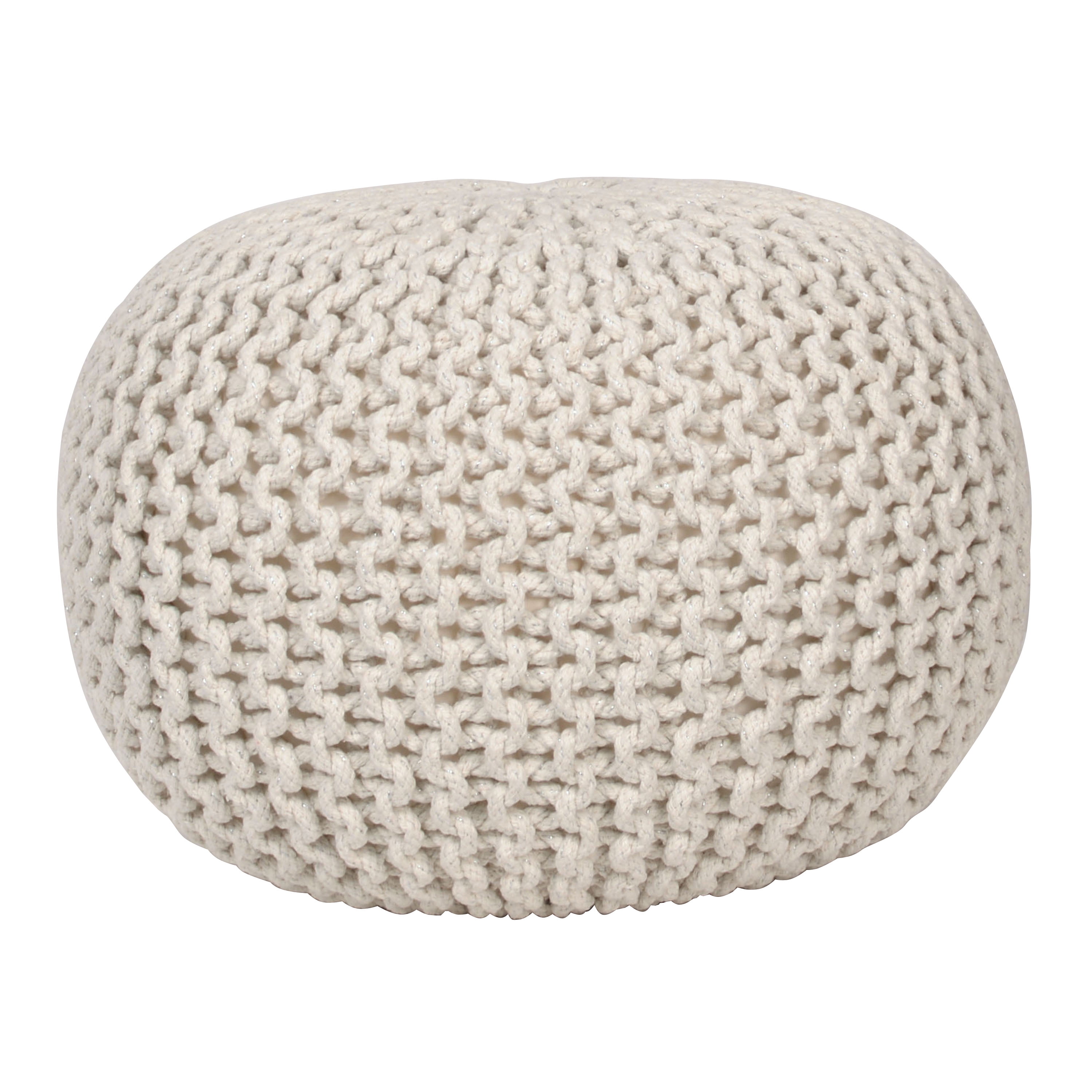 Decor Therapy Round Pouf Ottoman, Cotton Foot Stool, Cable Knit Lurex Boho Poof, Off-White for Living Room, Bedroom, Home Office Decor