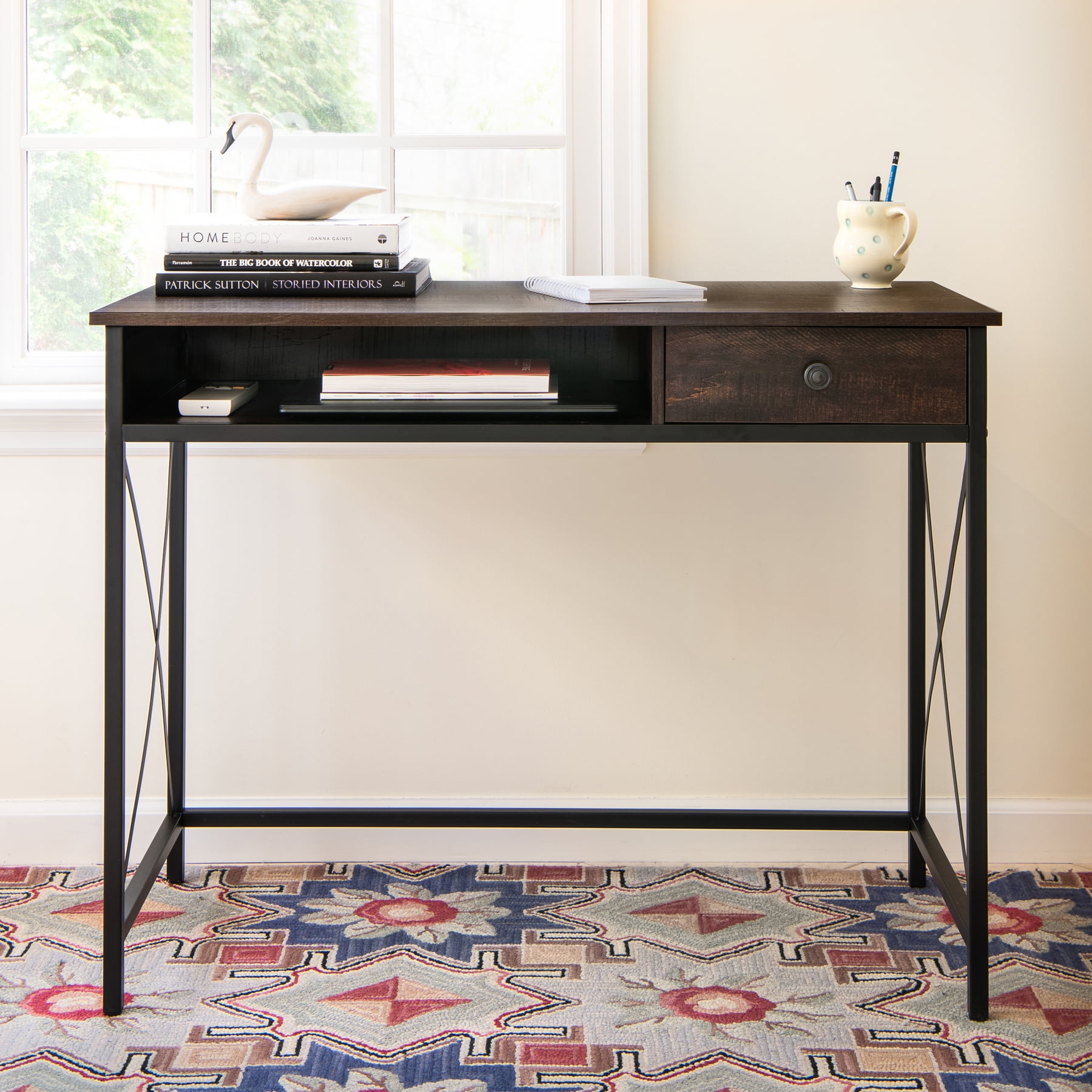 DecorTech Industrial Metal and Wood 30 "H Writing Desk with Drawer, Walnut