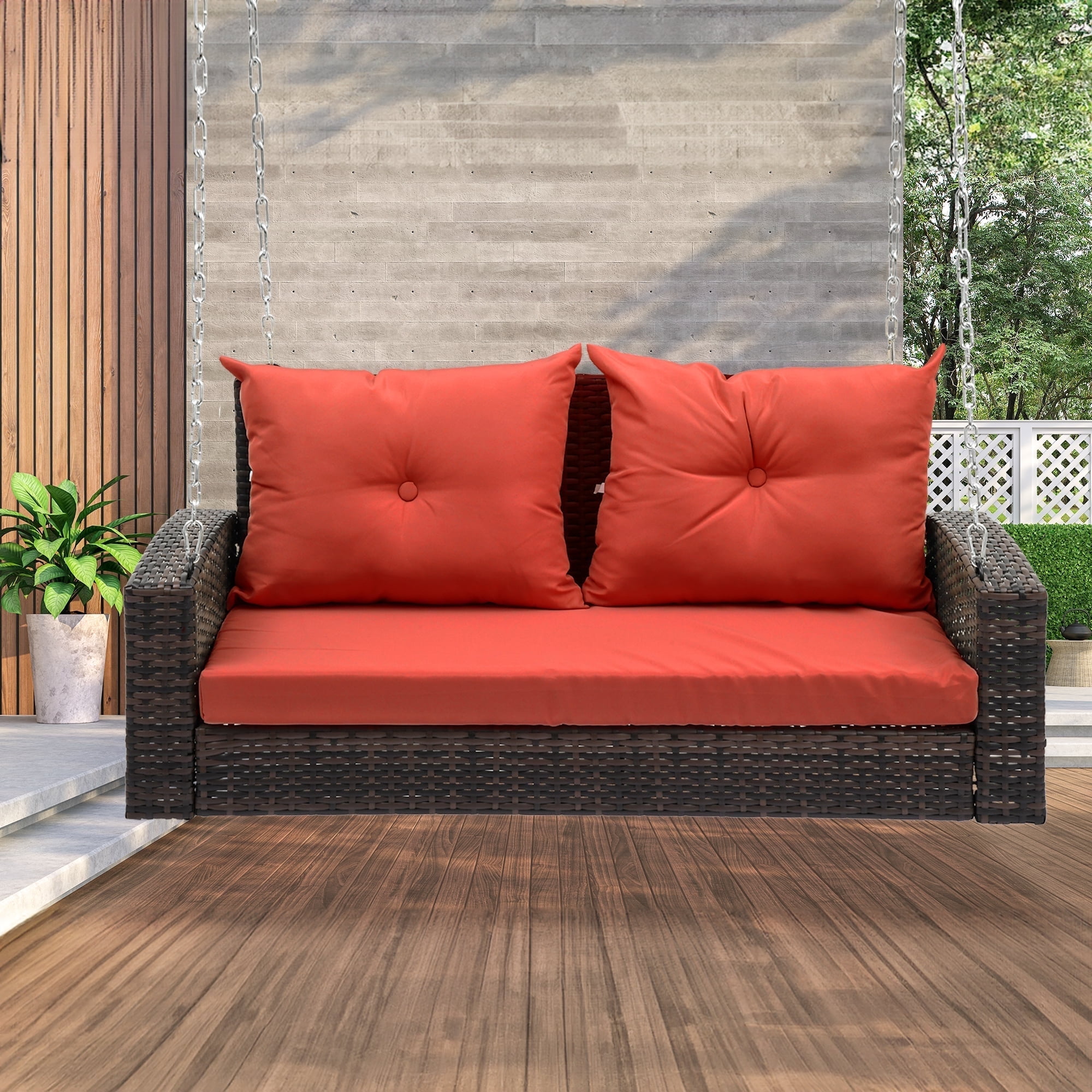 Dextrus Wicker Hanging Porch Swing Chair Outdoor Brown Rattan Patio Swing Lounge w/ 2 Back Cushions Capacity 770lbs for Garden, Balcony, Living Room, Red