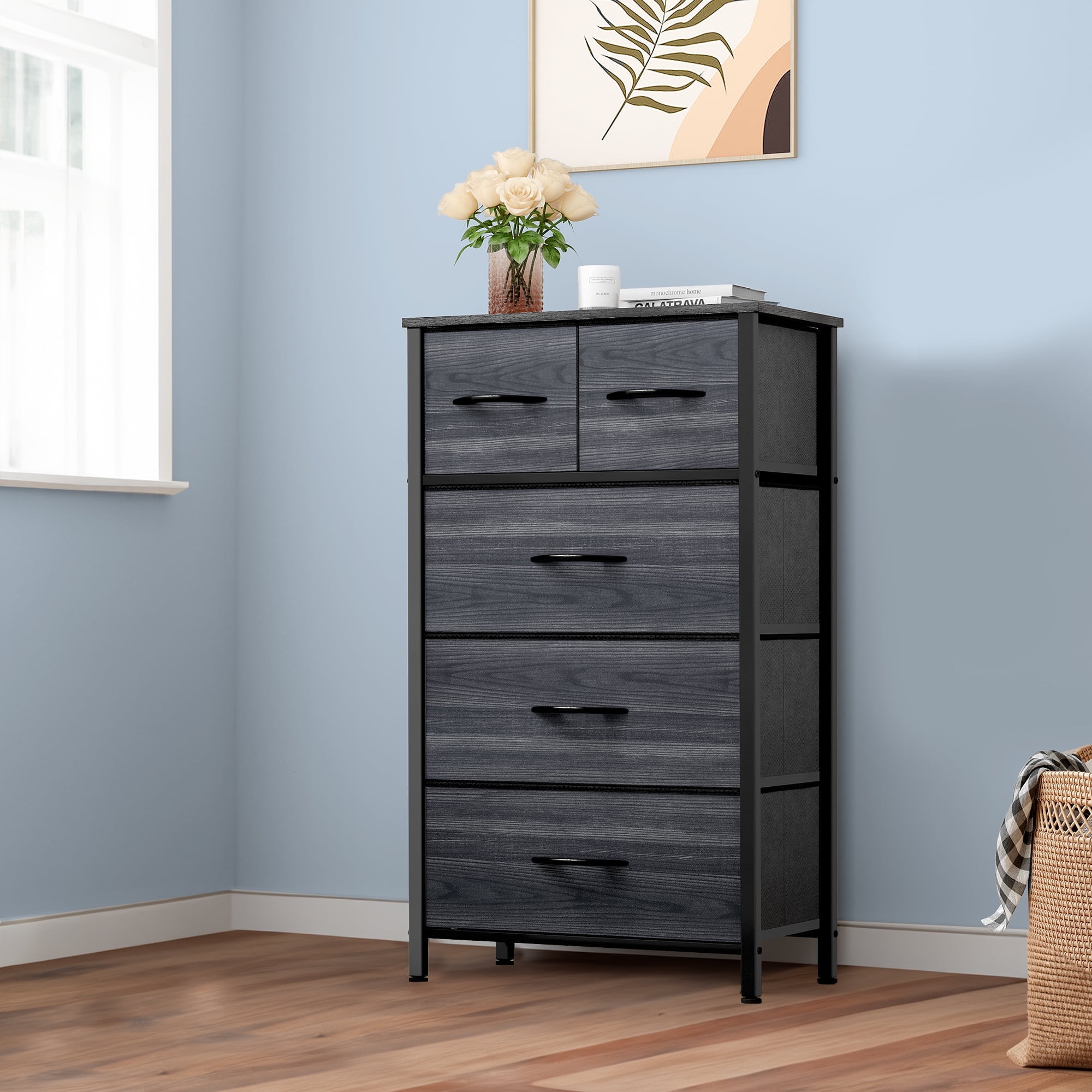 DEXTRUS 5-Drawer Fabric Dresser with Easy-Pull Handles, Wooden Top & Steel Frame, Black, for Adults