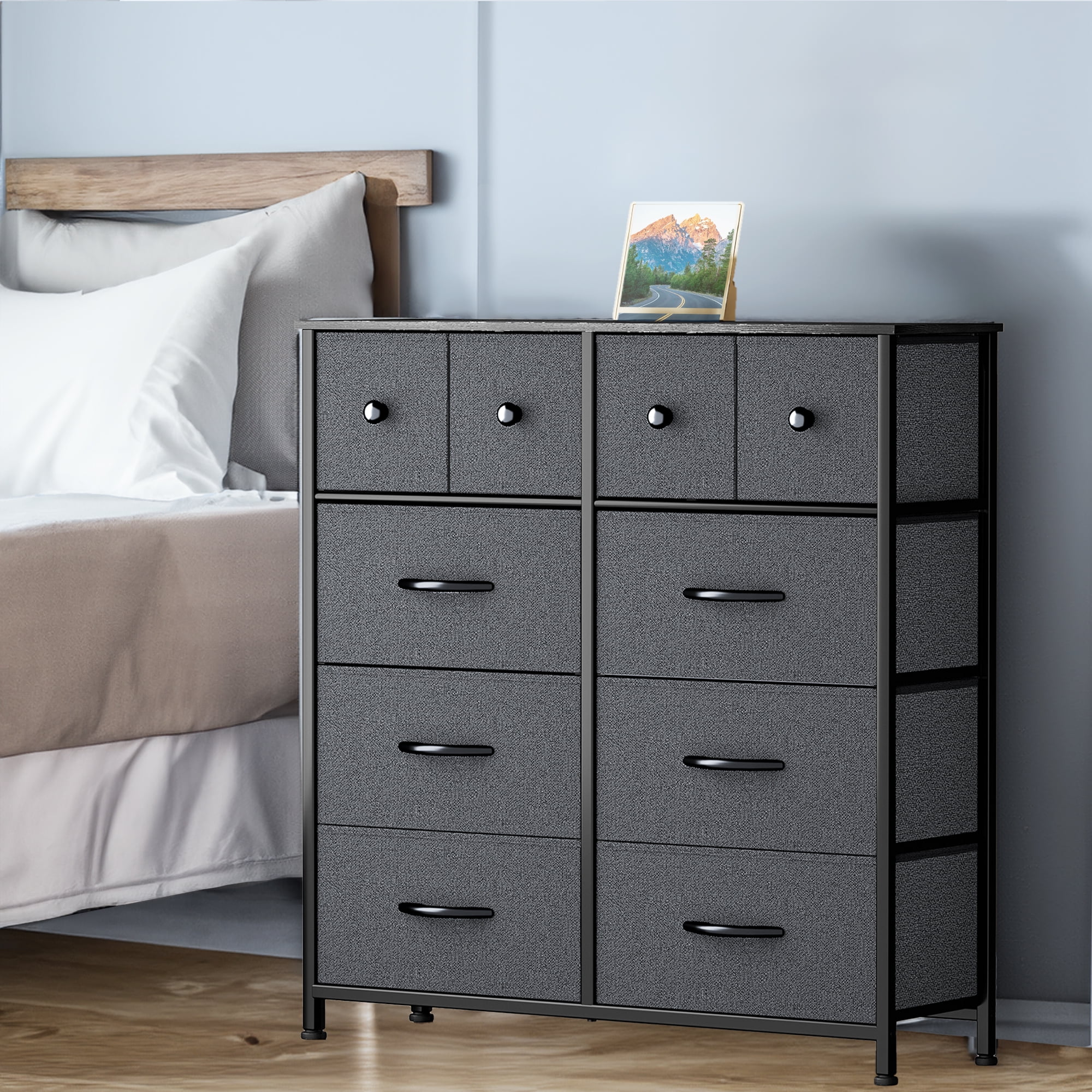 DEXTRUS Fabric Dresser with 10 Drawers with Sturdy Steel Frame, Wooden Top for Bedroom, Gray