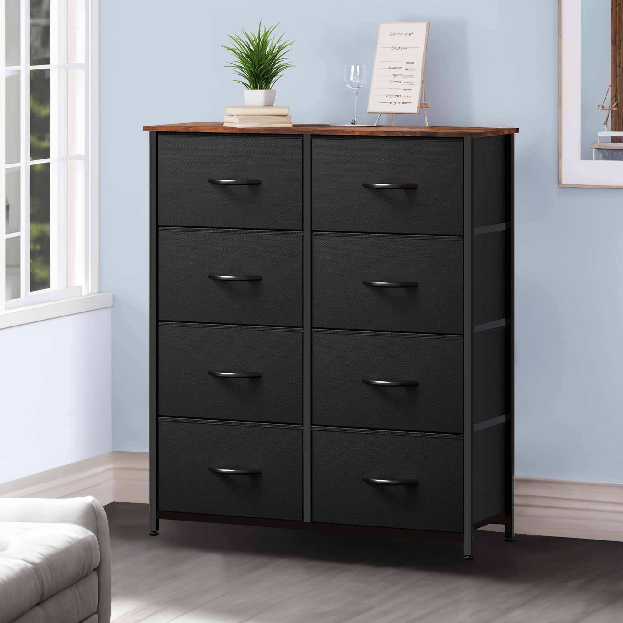 DEXTRUS Fabric Dresser with 8 Drawers for Bedroom for Adult, Black or Rustic Brown