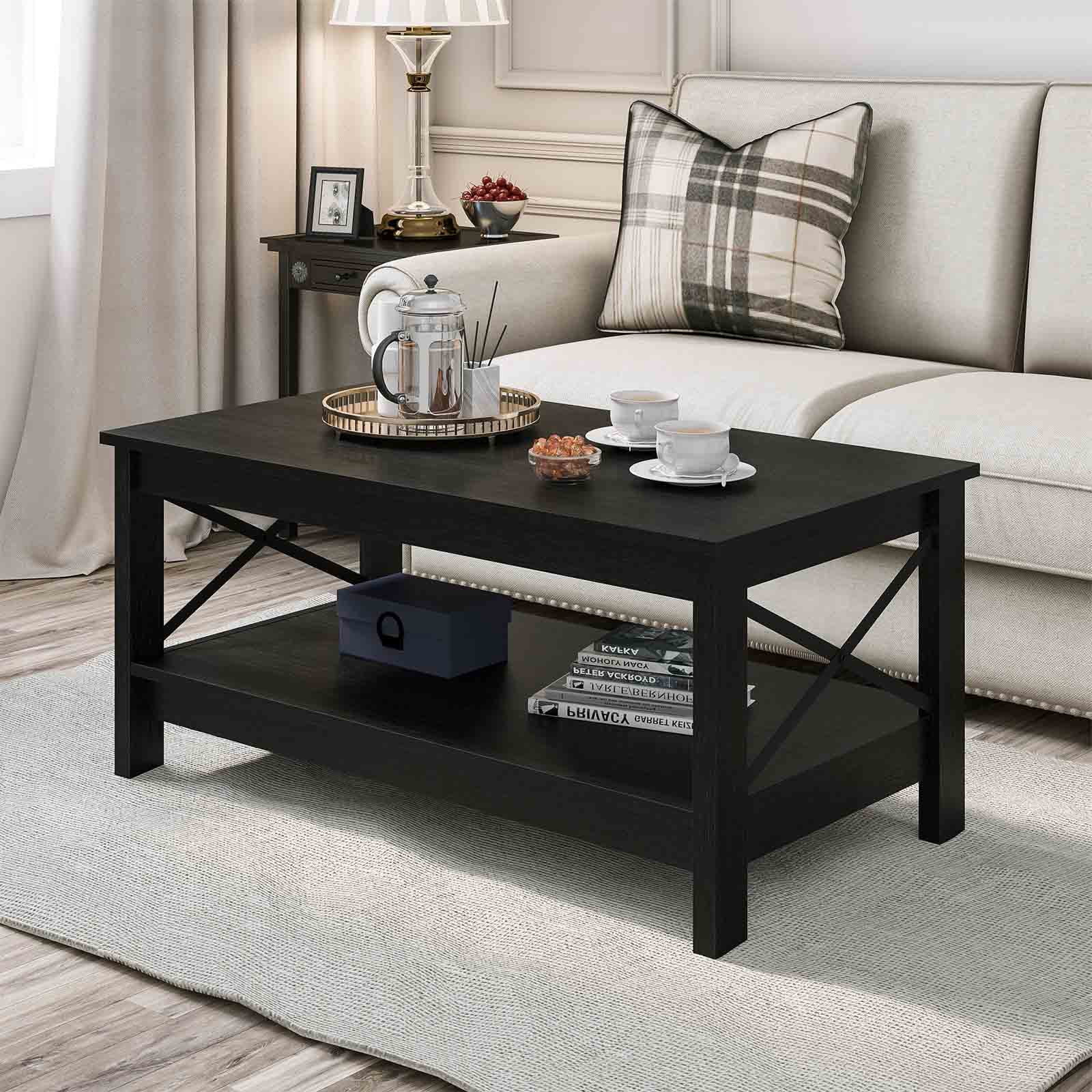 Dextrus Farmhouse Coffee Table with Open Storage Shelf, 2-Tier Thicken Wood Accent Cocktail Center Ends Table for Living Room Home Office, Black