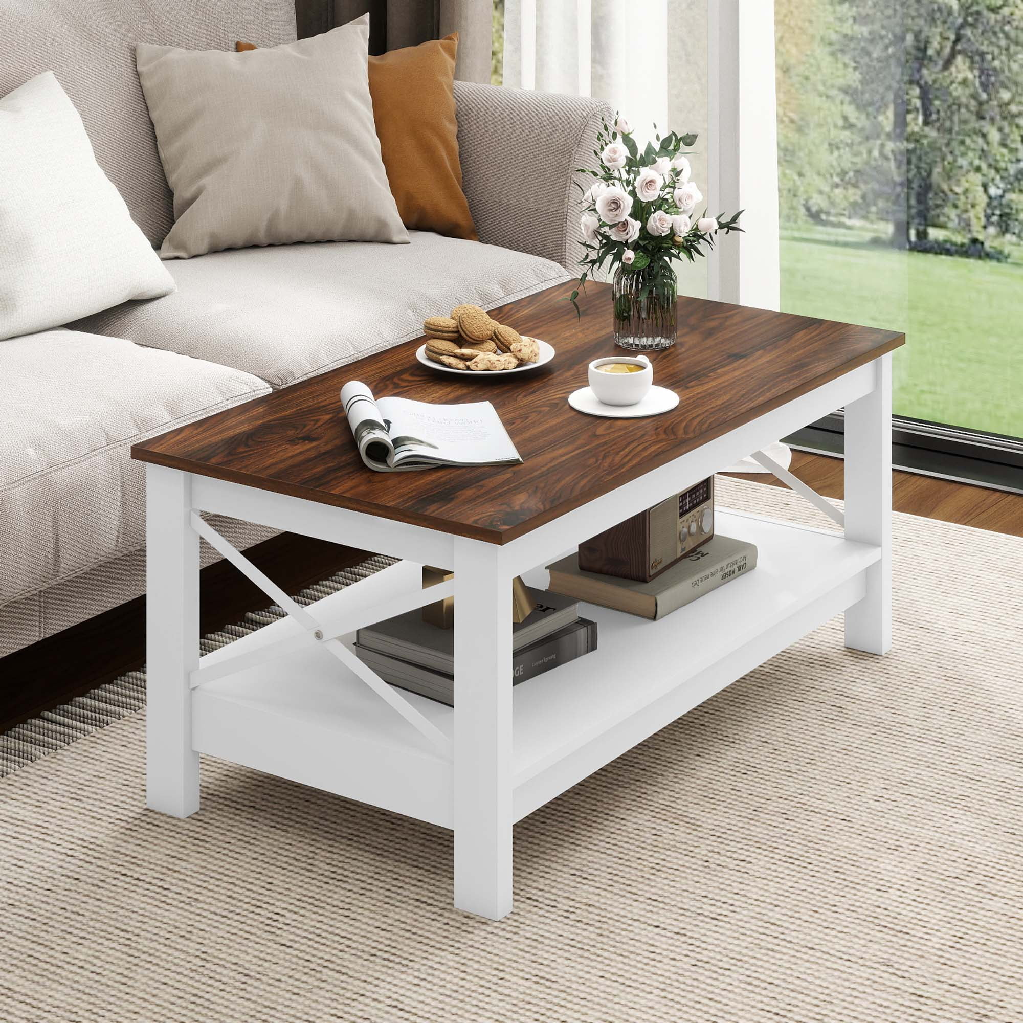Dextrus Farmhouse 2-Tier Rectangular Wood Coffee Table, Brown/White