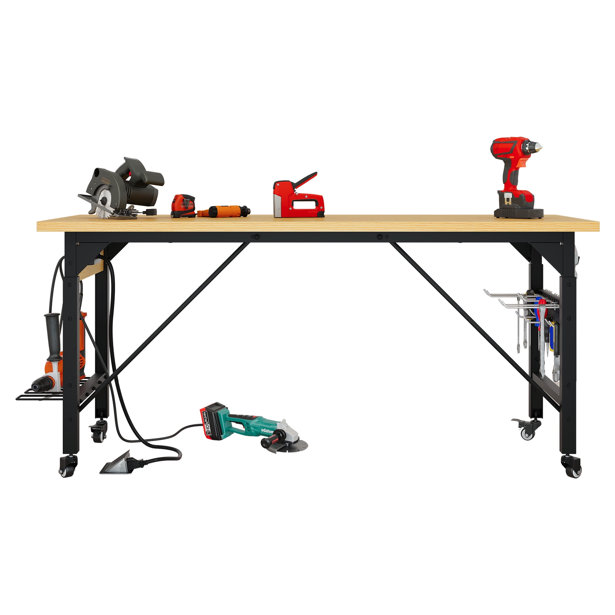 Dextrus Heavy-Duty Workbench with Power Outlets, Wheels and Adjustable Height, Wood Worktop, Steel Frame, 2000 LBS Load Capacity for Workshop, Office, Home Outdoor