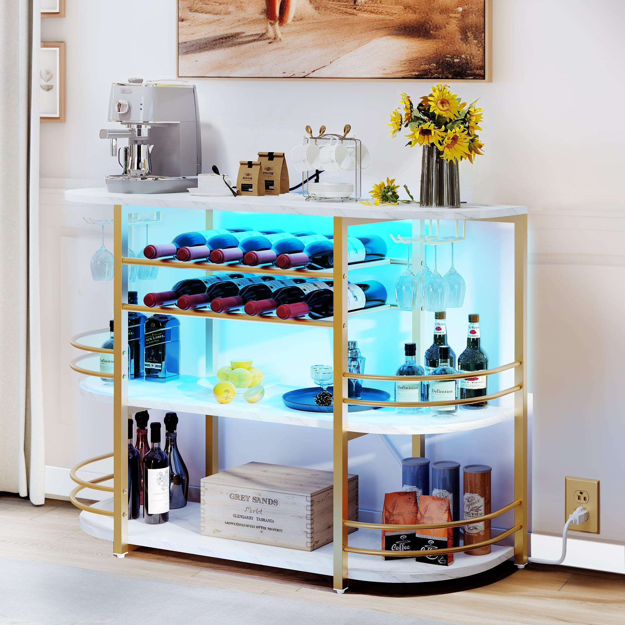 Dextrus Home Bar Unit with Power Outlets, 47" Mini Bar Cabinet with Wine Rack & LED Lights, White