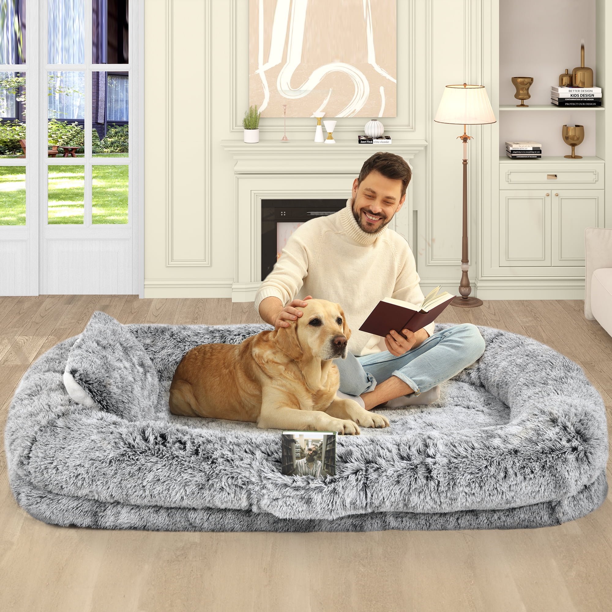 Dextrus Human Dog Bed, Oversized Memory Foam Dog Bed, 79"x43" with Blanket and Pillow, Removable Fur Cover, Grey