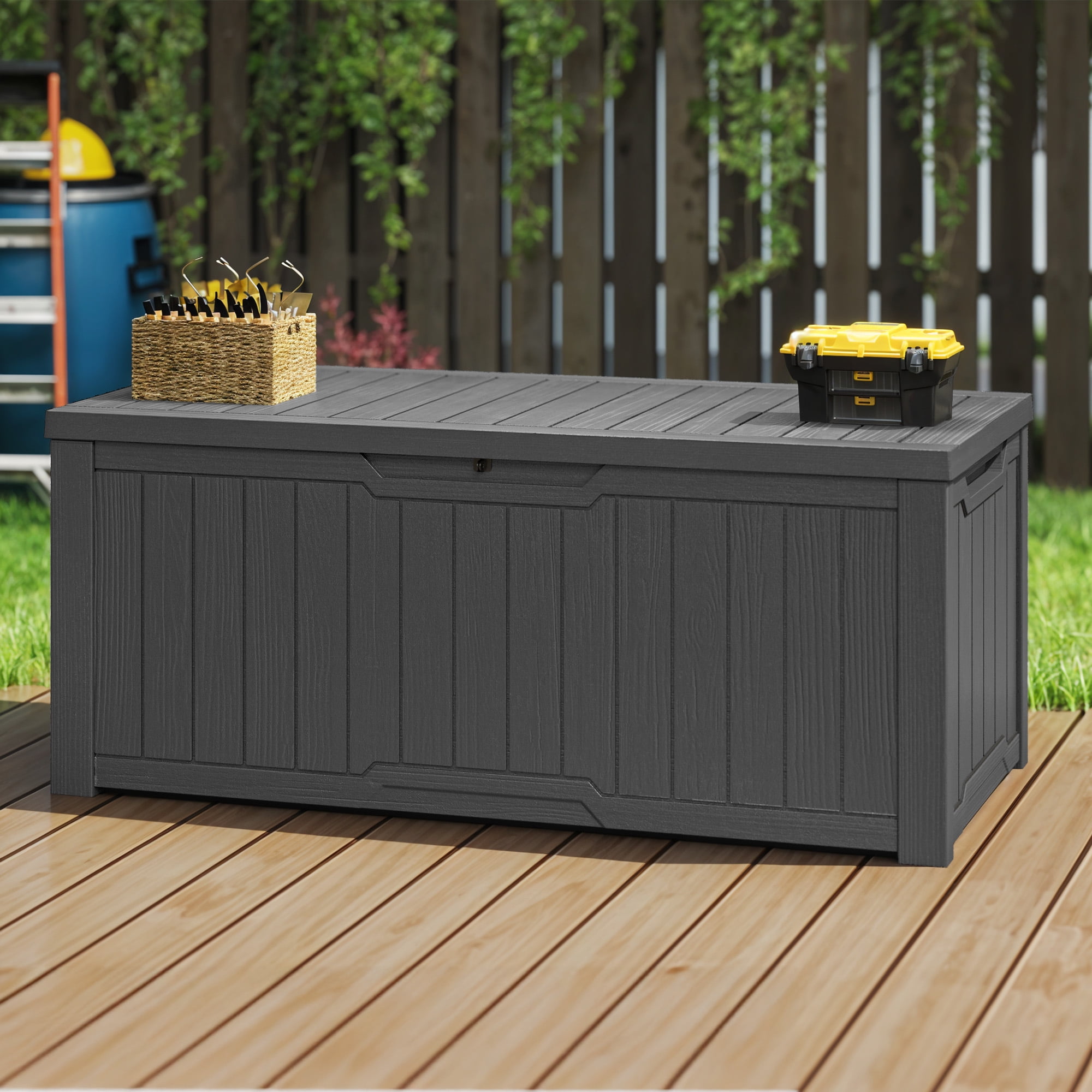 Dextrus 120-Gallon Outdoor Deck Box, Waterproof Storage Chest, Lockable Lid, Multi-Purpose Bench & Table, for Garden Tools Pool Supplies Sports Gear, Easy Assembly, Dark Gray
