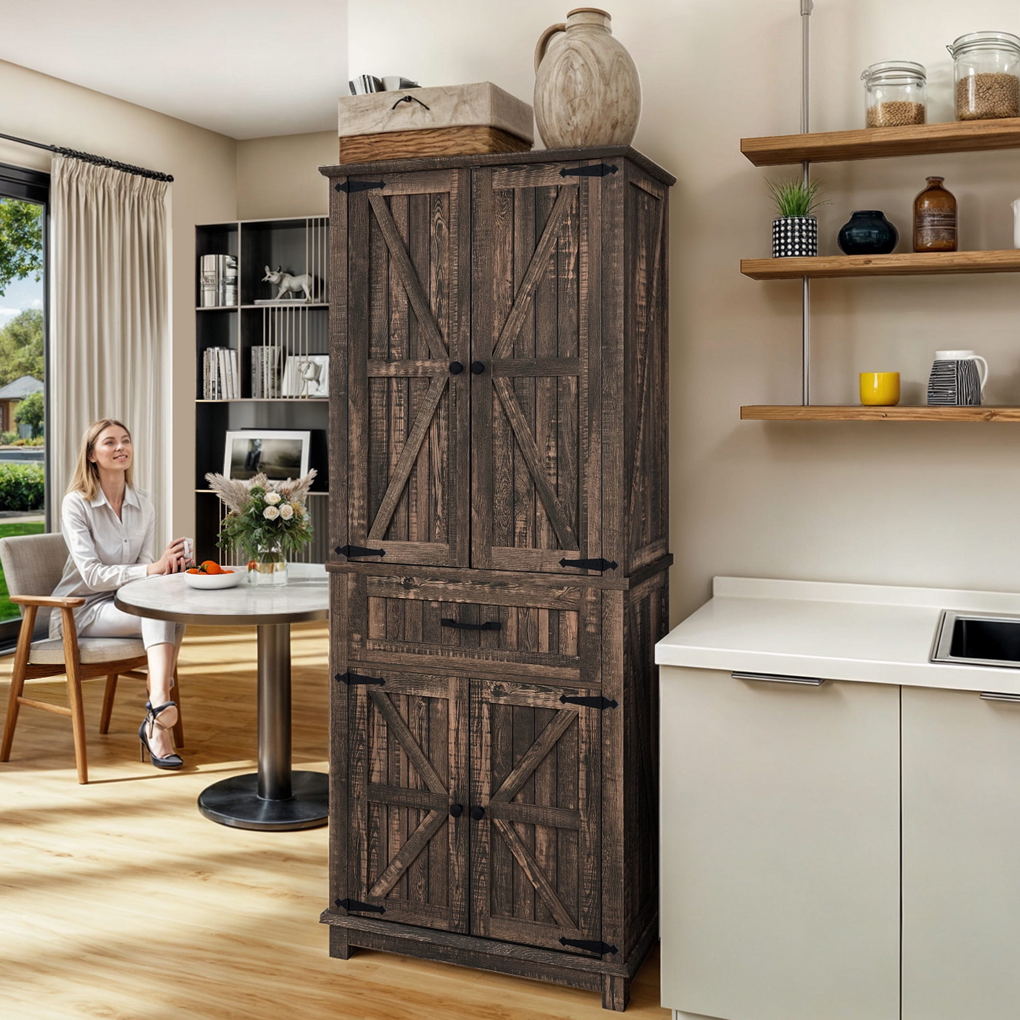 Dextrus Kitchen Pantry Cabinet with Doors and Drawer, Pantry Cabinet with Adjustable Shelves for Kitchen, Living Room, Dining Room, Dark Oak