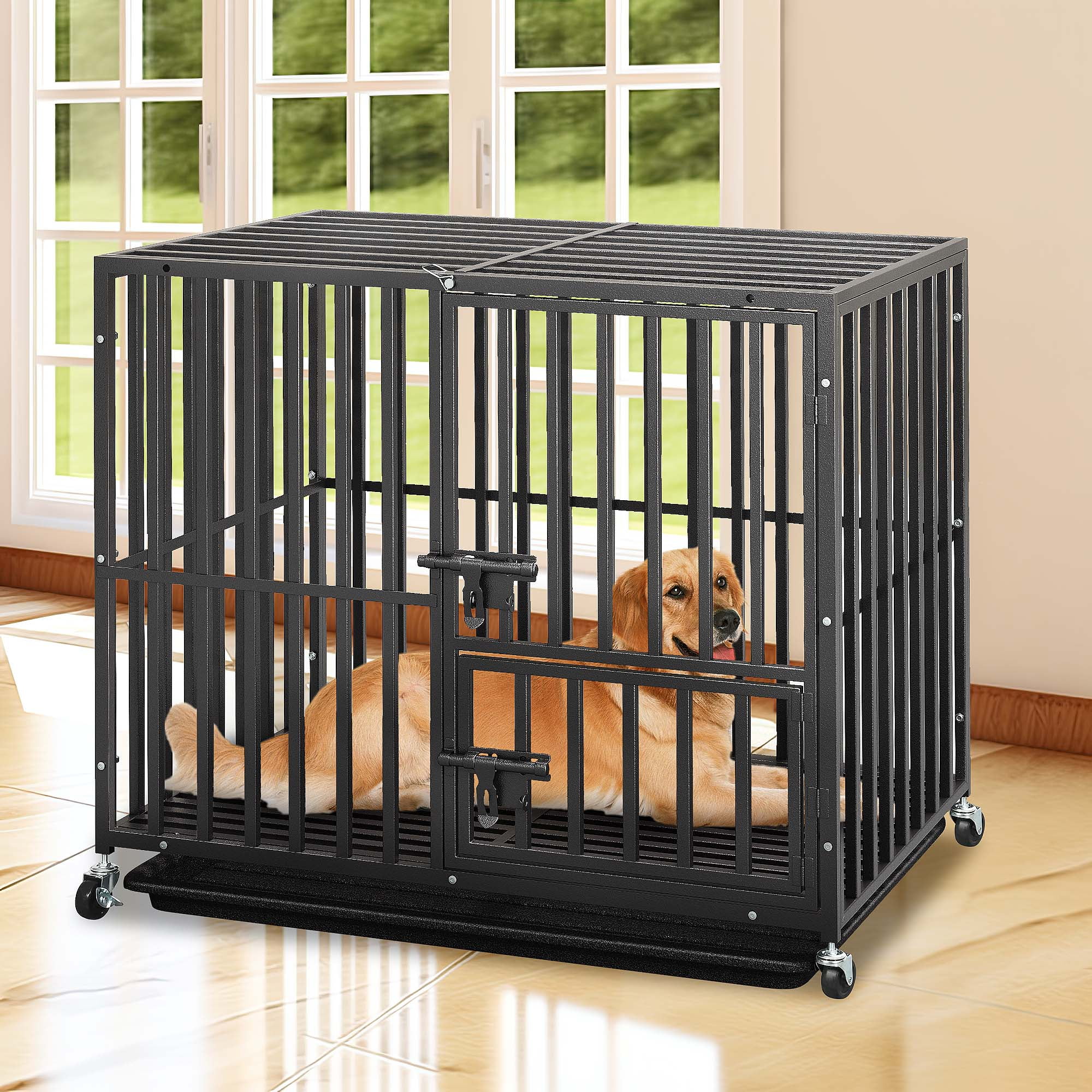 Dextrus Large Dog Crate with 3 Lockable Door, 37.4" Heavy Duty Metal Dog Crate and Kennel with Removable Tray and Wheels for Large Medium Dogs, Black
