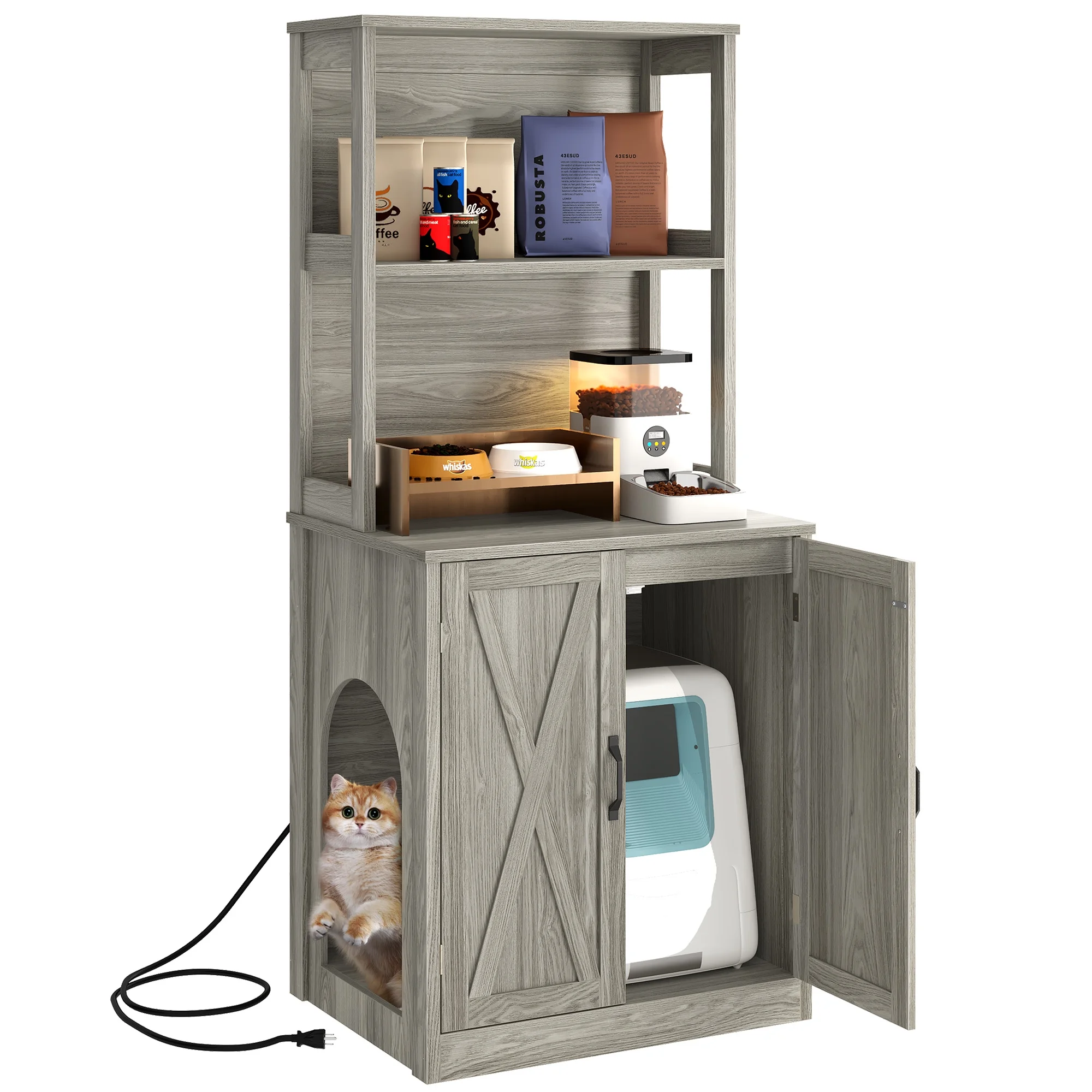 Dextrus Large Hidden Litter Box Enclosure with Shelves and Doors, Wooden Furniture, Grey