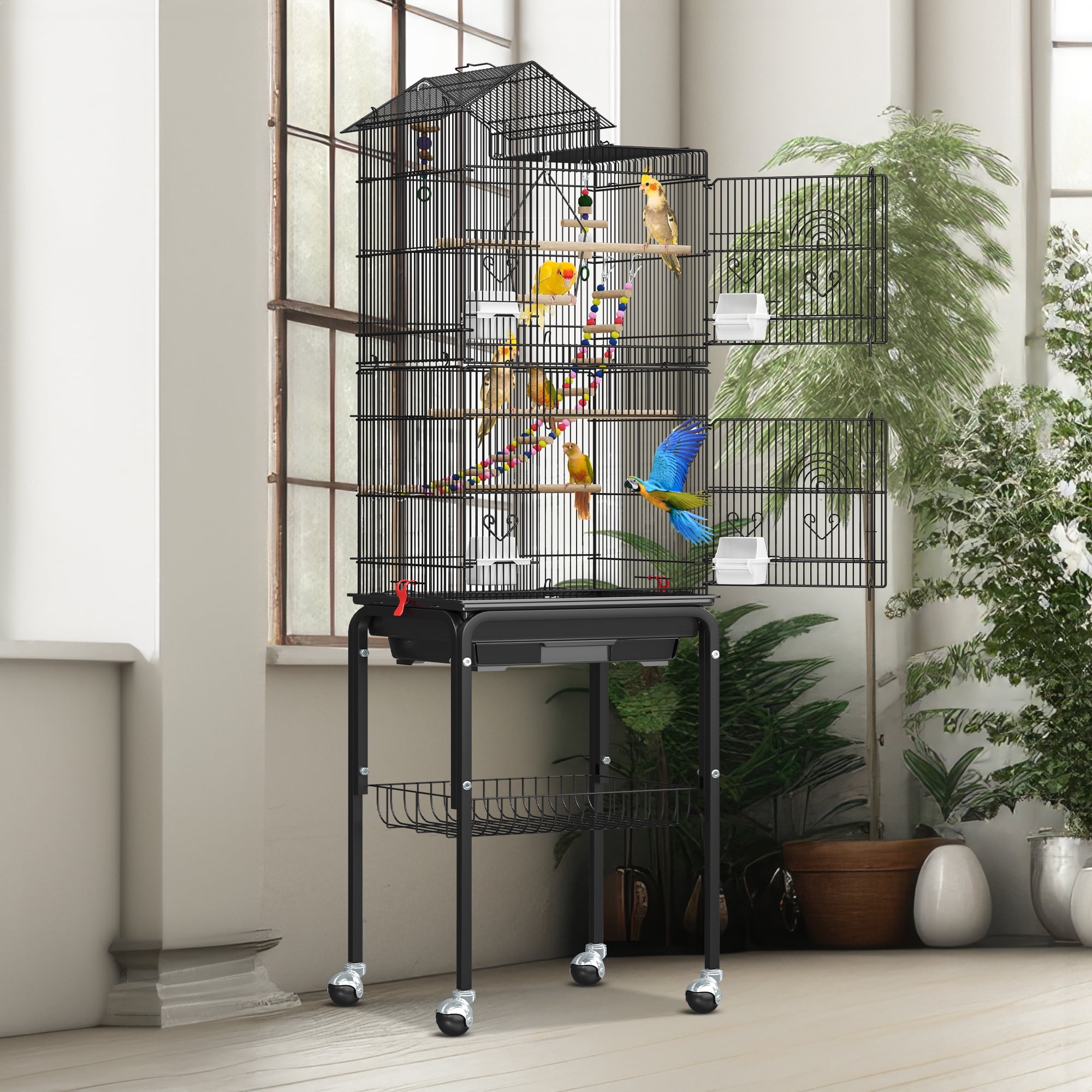 Dextrus Metal Bird Cage 62" with Rolling Stand, Large Parakeet Cages with Roof Top, Black