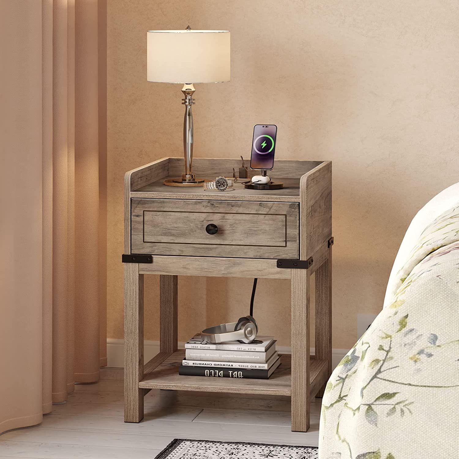 Dextrus Nightstand with Charging Station, Farmhouse End Side Table Bedside Table with Drawer