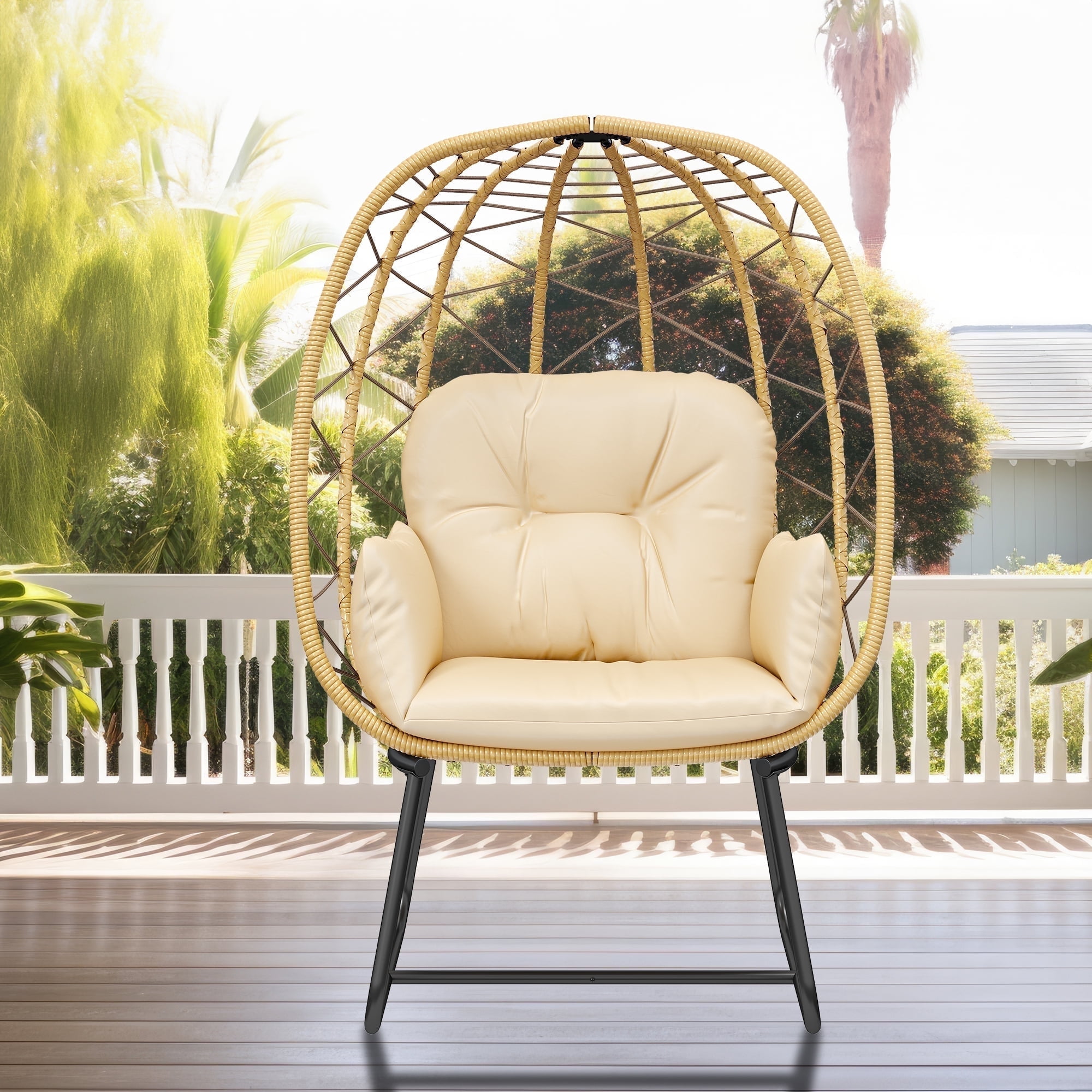 Dextrus Outdoor & Indoor Egg Chair with Stand, Wicker Rattan Lounge Chair, Cushion & Ottoman, Beige