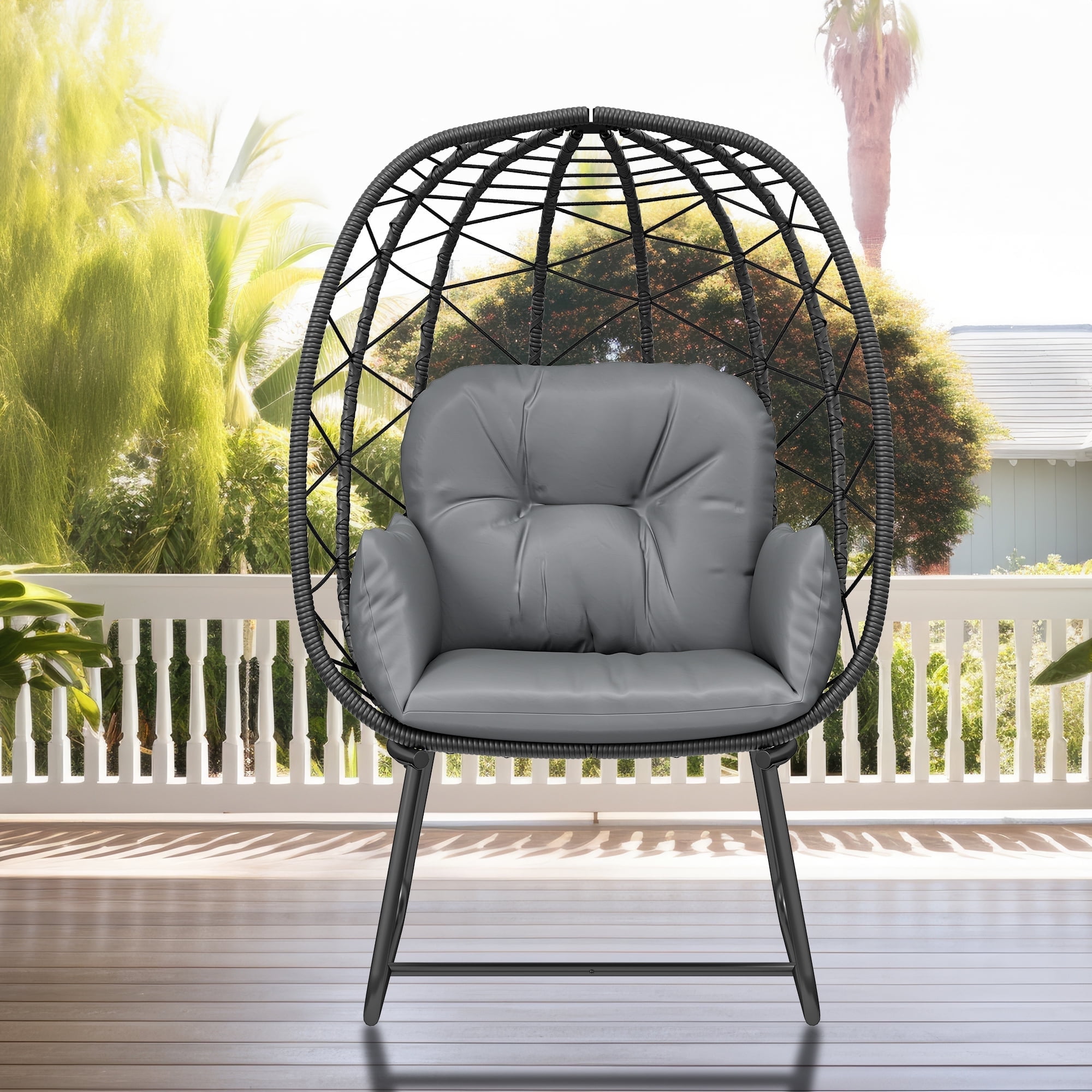 Dextrus Outdoor & Indoor Egg Chair with Stand, Wicker Rattan Lounge Chair, Cushion & Ottoman, Gray