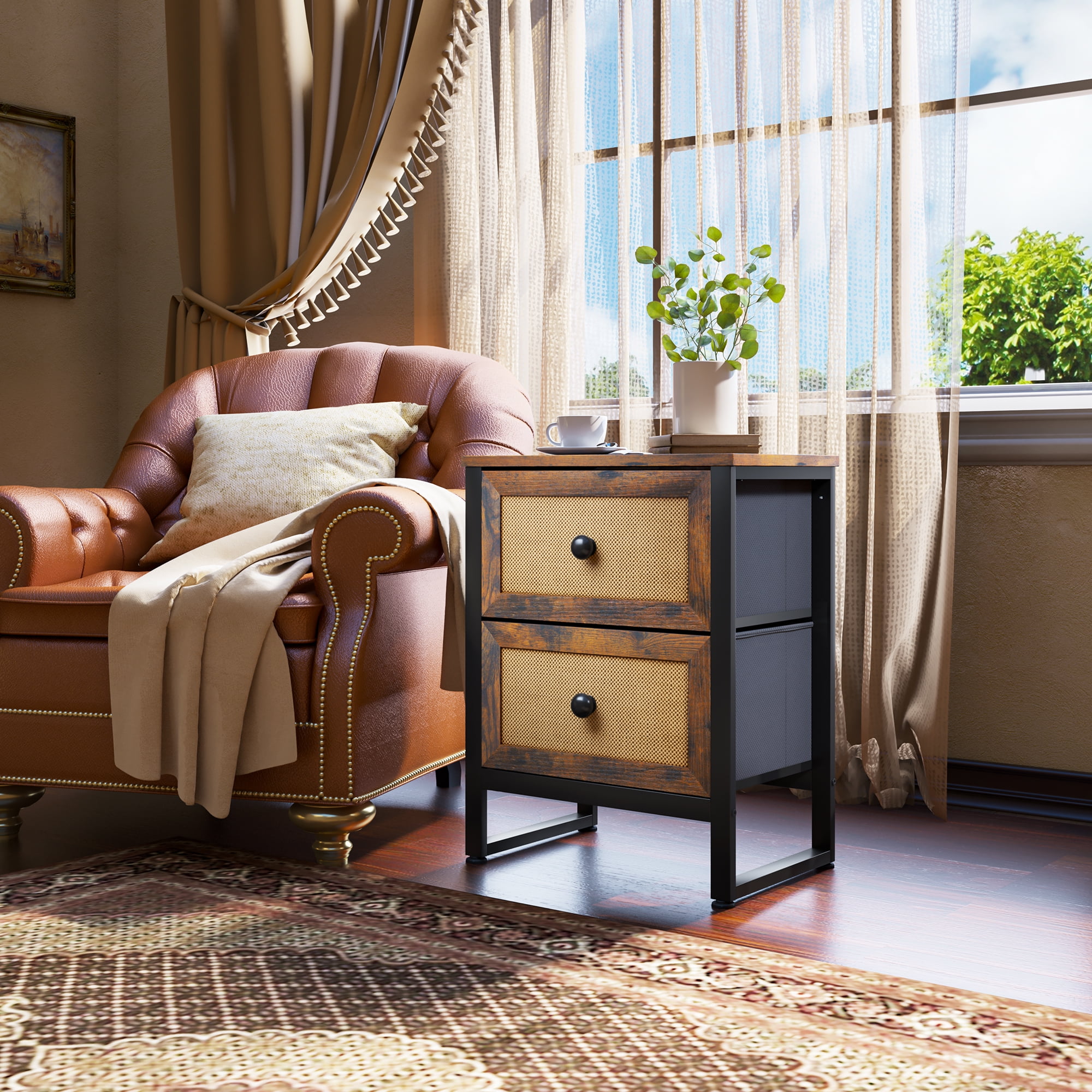 Dextrus Rattan Nightstand with 2 Drawers, Rustic Brown