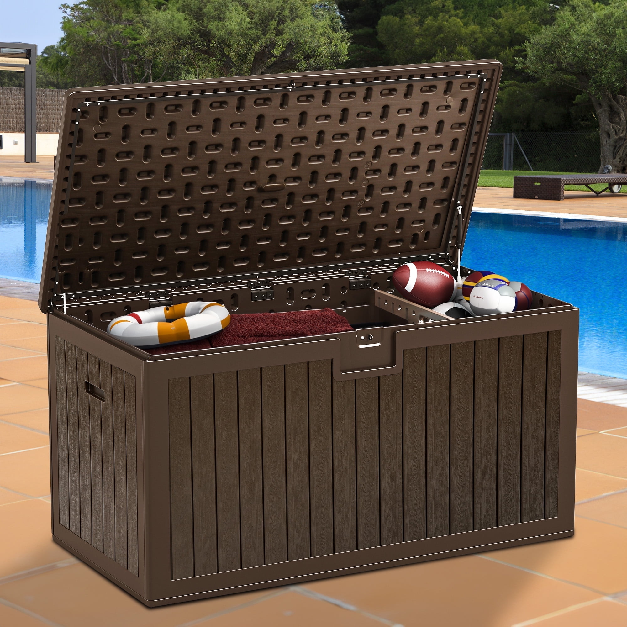 Dextrus XL 150 Gallon Large Deck Box, Outdoor Storage for Patio Furniture Cushions, Garden Tools and Pool Toys with Flexible Divider, Waterproof, Lockable (Brown)