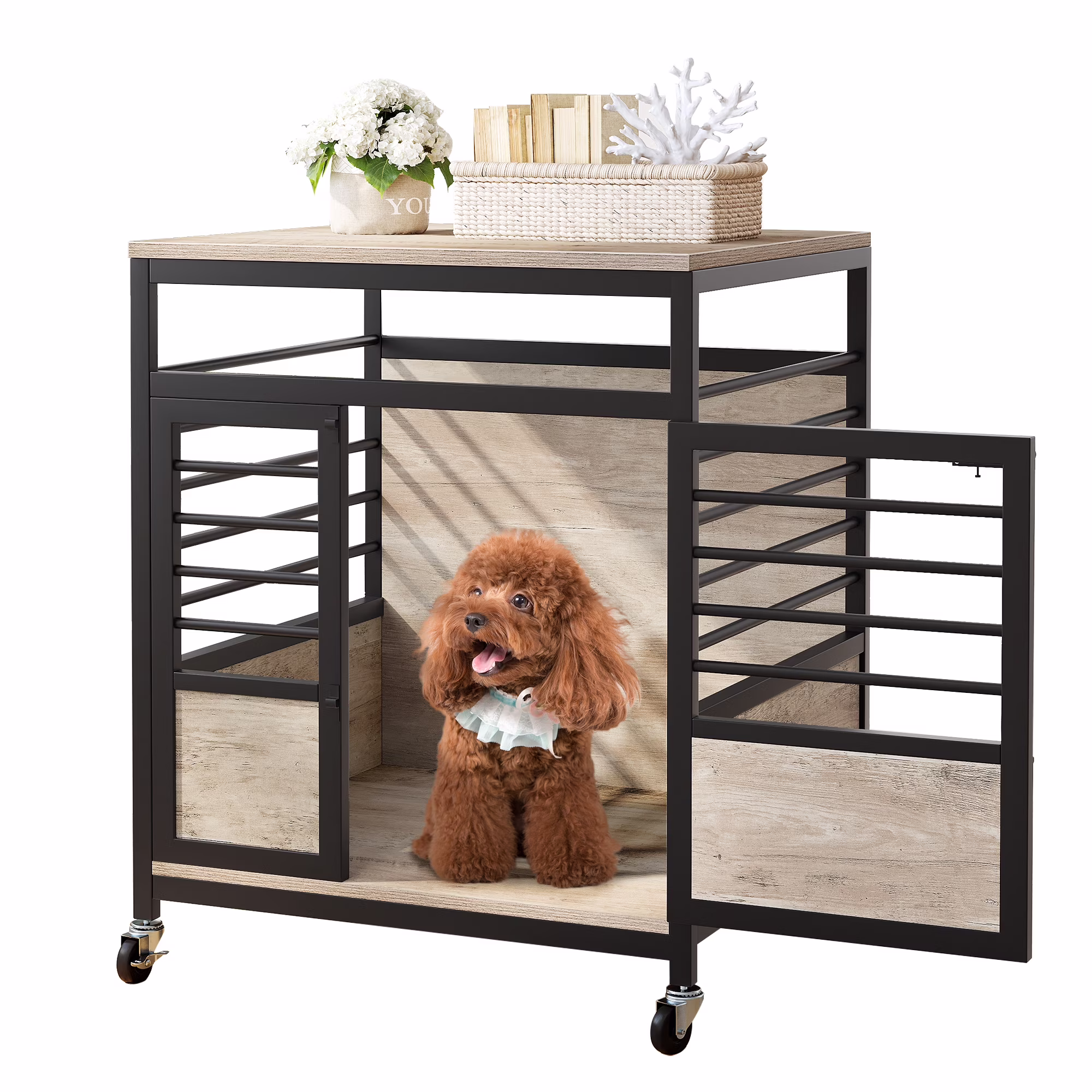 Dextrus 23.6" Dog Crate Furniture Wooden Dog House with Wheels, Dog Kennel Indoor for Small Medium Dogs - Brown & Black